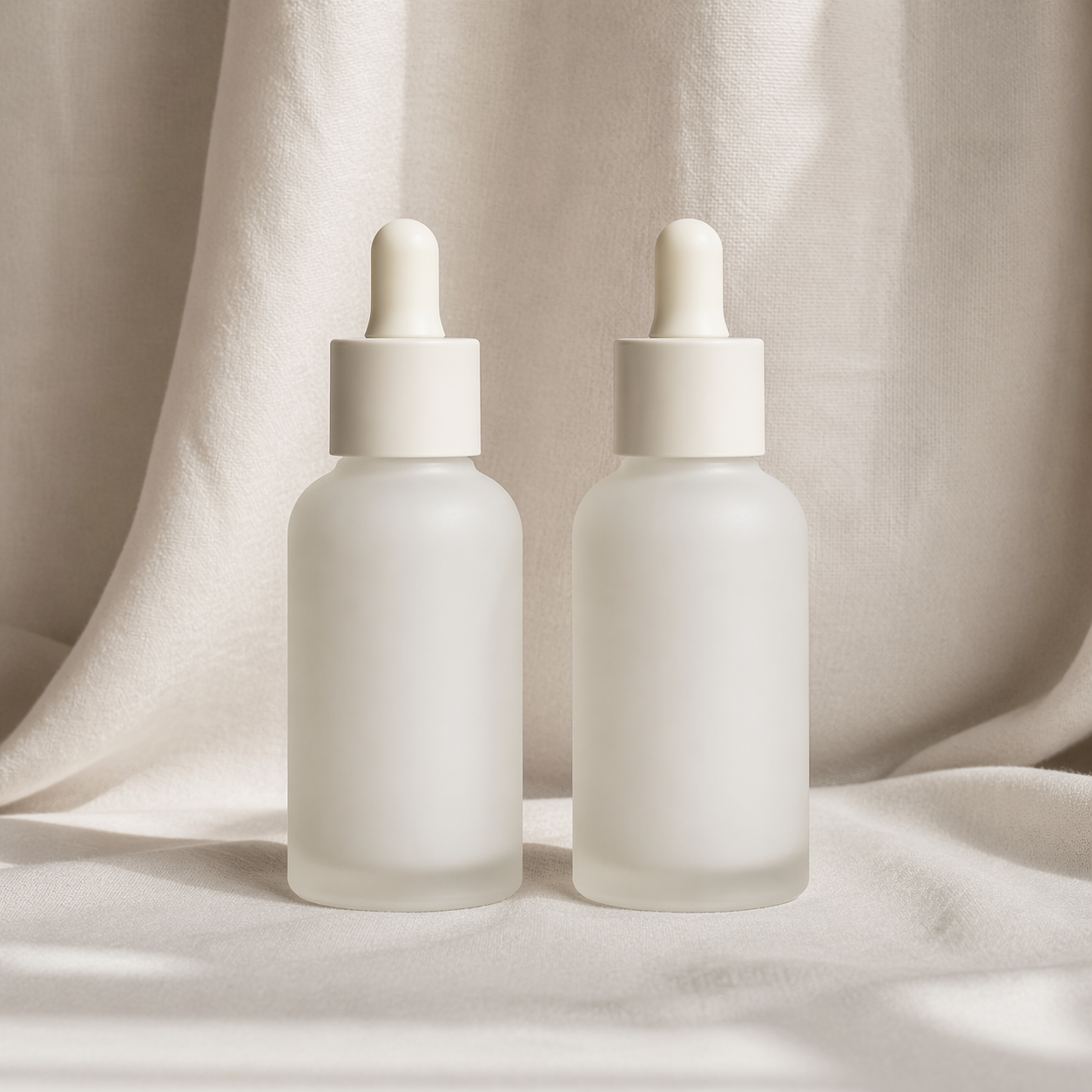 两瓶同款护肤品并排摆放的摄影棚场景，用于展示多 SKU 一致性的视觉对比