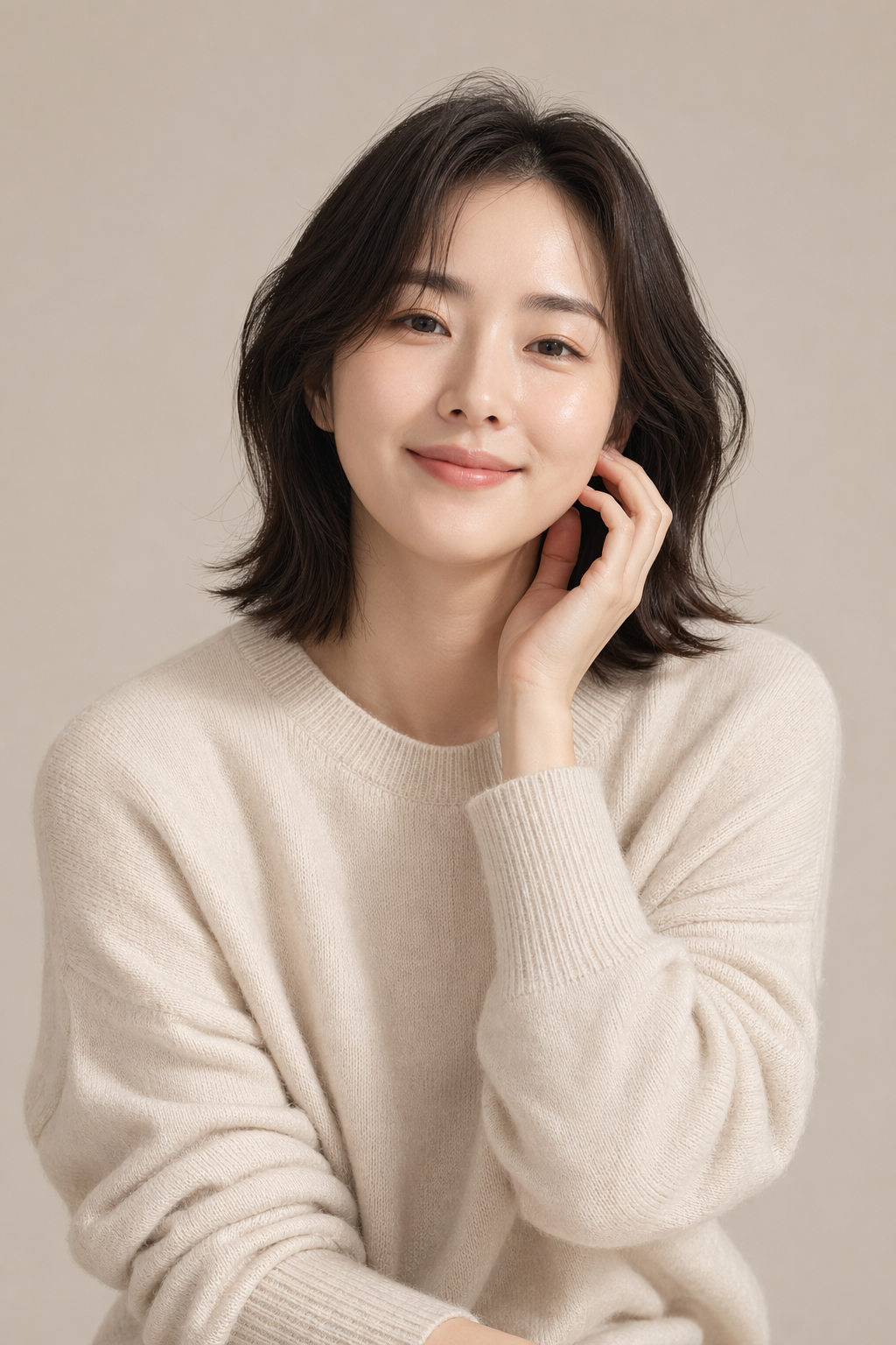 米色针织衫东亚女性模特半身商业肖像摄影棚样图