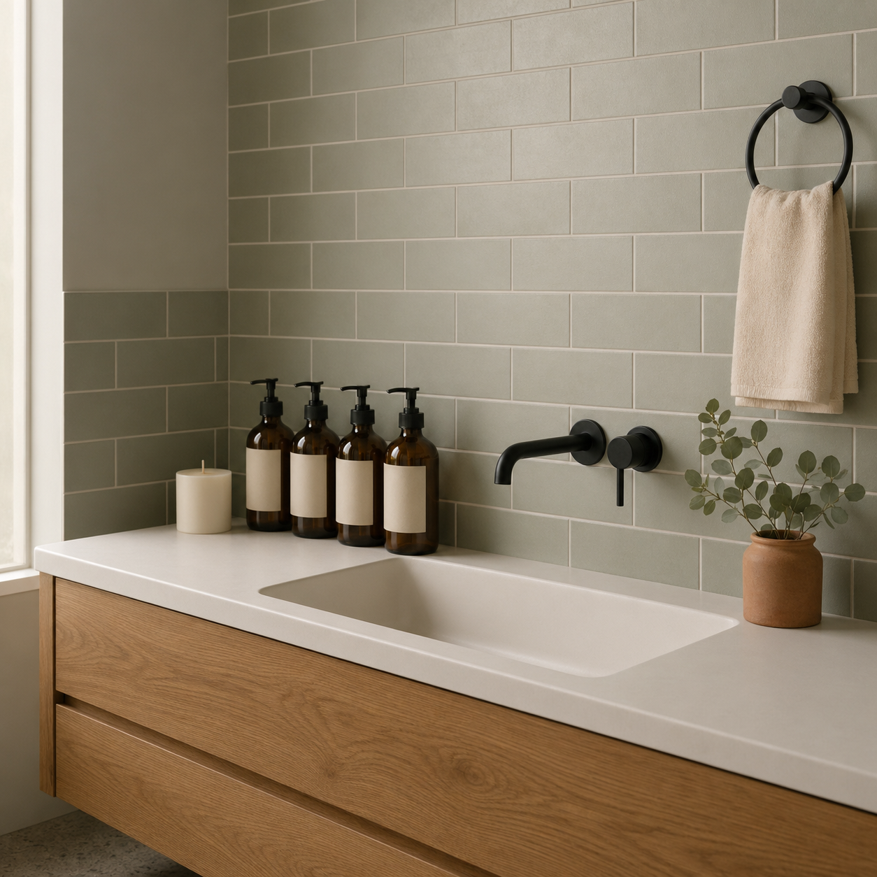 现代民宿浴室一角，白色洗手台、4 个棕色玻璃压头瓶、白色蜡烛和一支尤加利插在小陶罐里，背景是灰绿色瓷砖墙