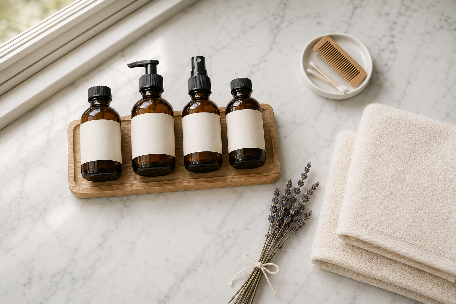 民宿浴室洗护四件套平铺图，灰白大理石台面上 4 个棕色玻璃瓶、米白折叠毛巾、木质托盘和干薰衣草小束