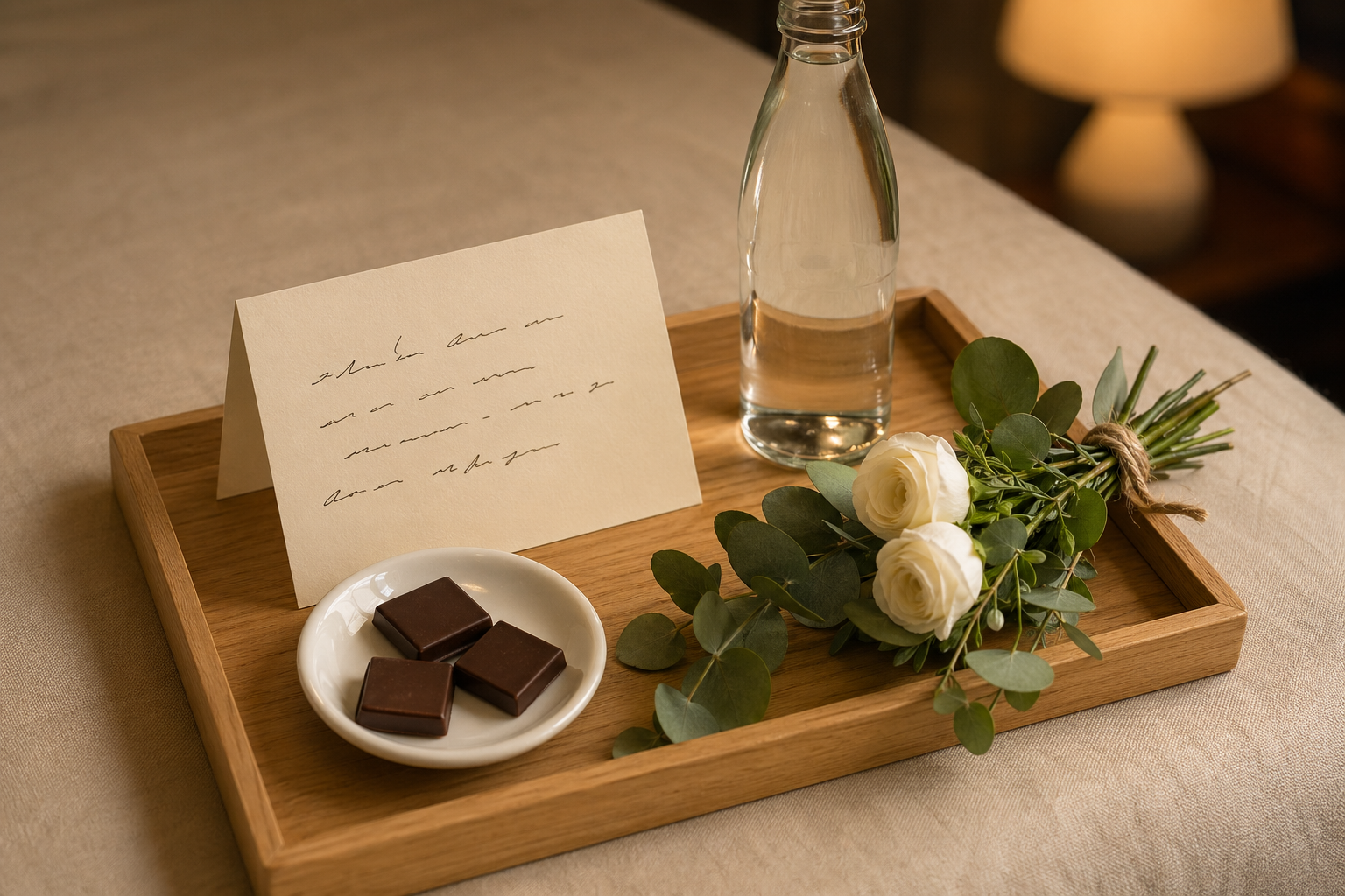 木质托盘上摆放手写欢迎卡片、一瓶矿泉水、白瓷小碟装巧克力和一束白玫瑰加尤加利的花束，柔和暖色台灯光