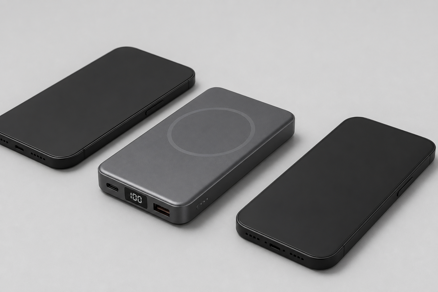快充充电宝商业 Hero 图 — 磁吸快充充电宝平放浅灰棚拍背景上，旁边两台无品牌特征的通用手机轮廓侧视，柔和棚拍光，干净电商主图风