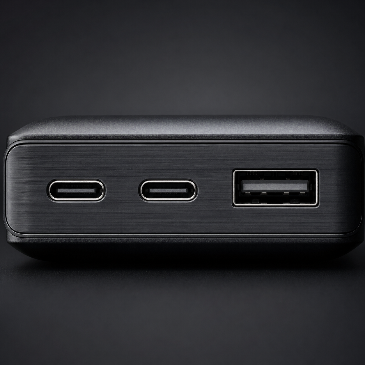 充电宝接口微距特写 — USB-C × 2 + USB-A × 1 排列，金属质感清晰，柔和顶光，深色背景
