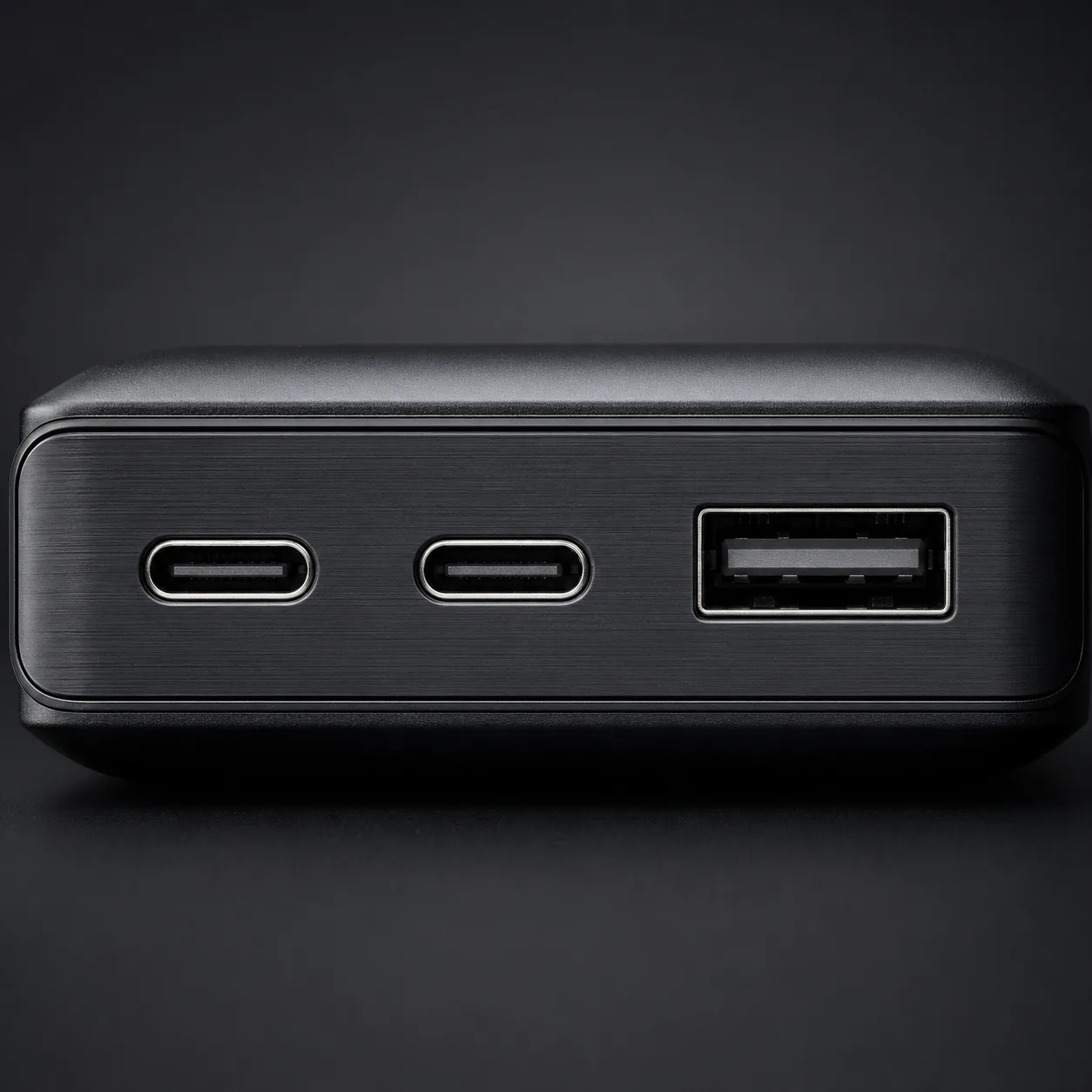 充电宝接口微距特写 — USB-C × 2 + USB-A × 1 排列，金属质感清晰，柔和顶光，深色背景