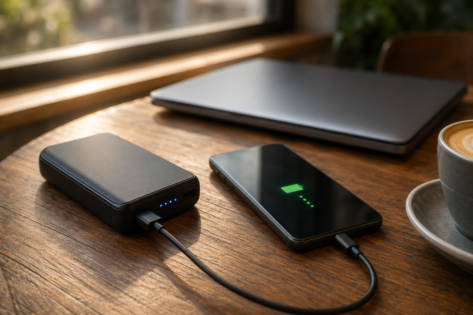 充电宝出差使用场景 — 充电宝放咖啡馆桌面，旁边无品牌特征手机充电中，模糊背景中有未识别品牌的笔记本电脑，自然窗光