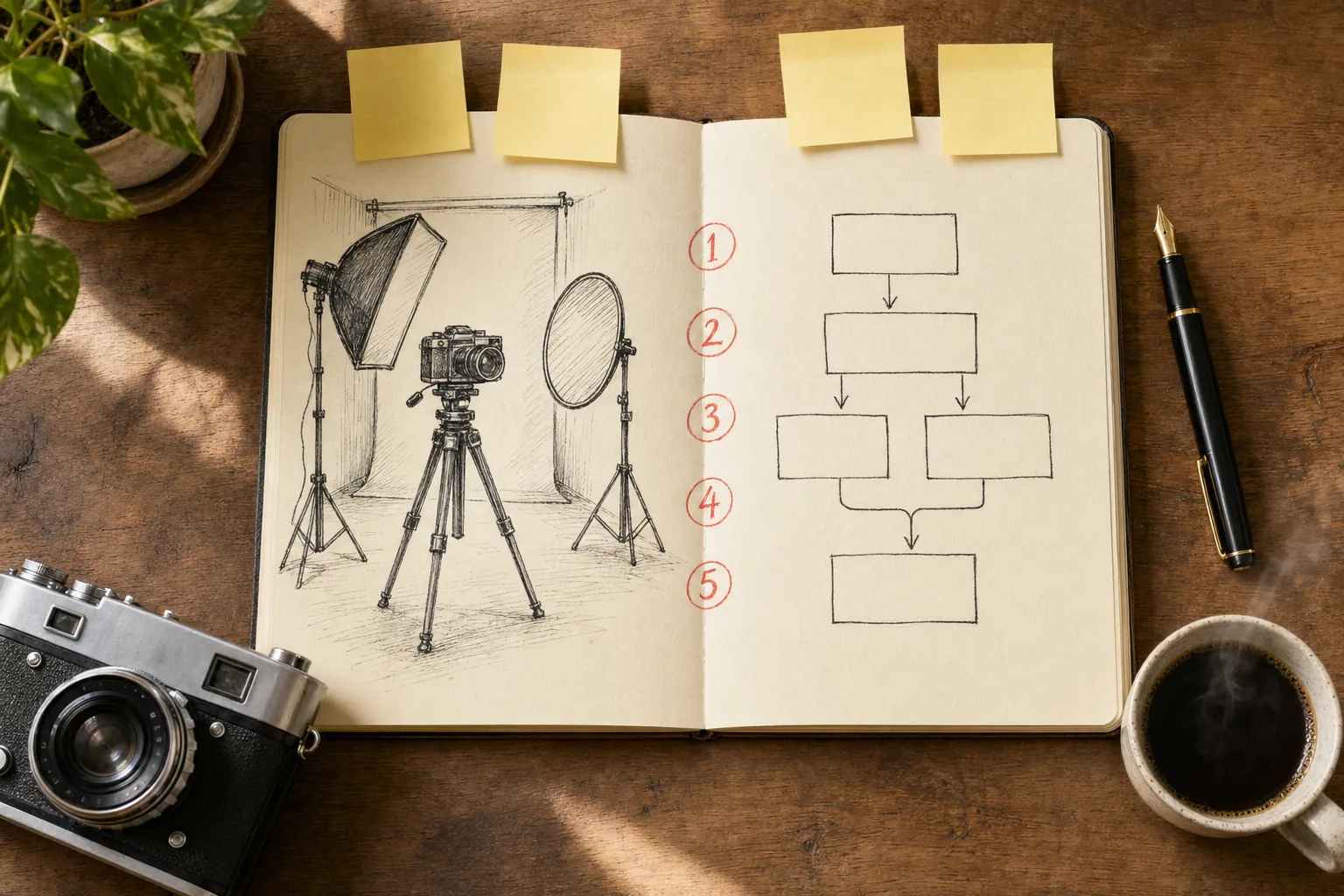 桌面俯拍：摄影棚转型的笔记本草图，左半页画传统棚布灯，右半页画 AI 工作流箭头，中间用红笔标 5 个圆圈编号，桌面散落徕卡相机、咖啡、便利贴
