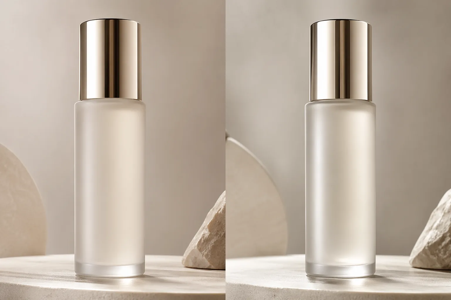 左右对比：左侧传统修图 PS 手工成果，右侧 AI 出图 + 人工精修结合的同一张商品图