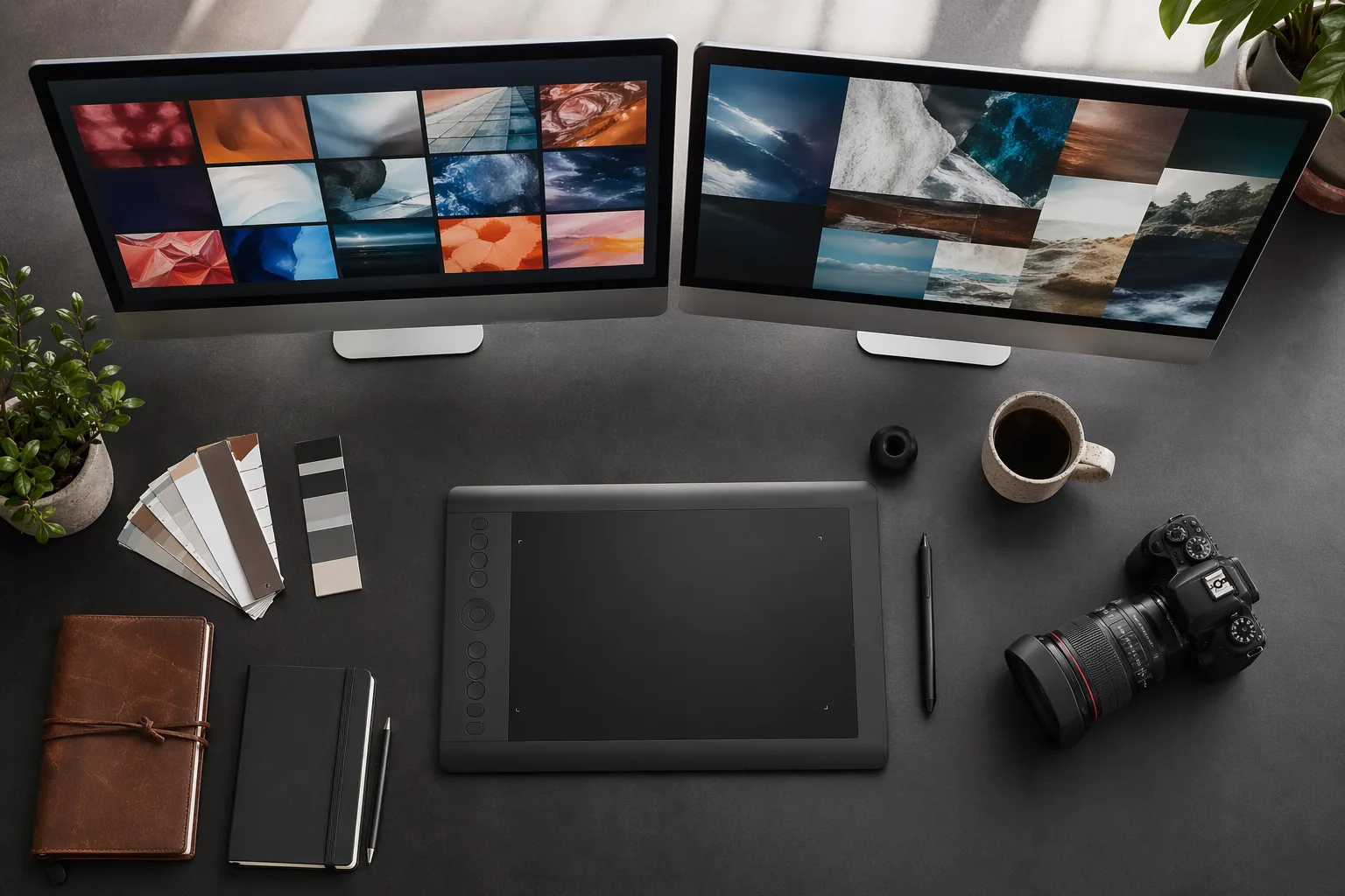 修图师工作桌俯拍：外接屏 + Photoshop 界面 + 绘图板 + 半杯冷咖啡 + 单反相机