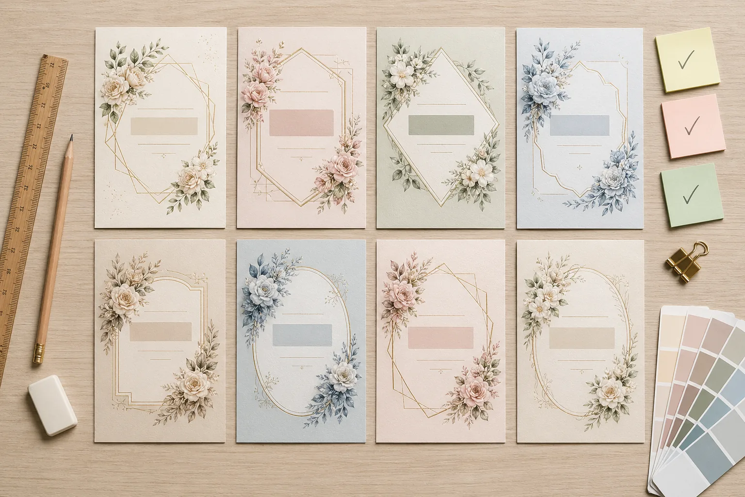 工作台俯拍：6-8 张同模板不同色彩字体的请柬样张并排展示