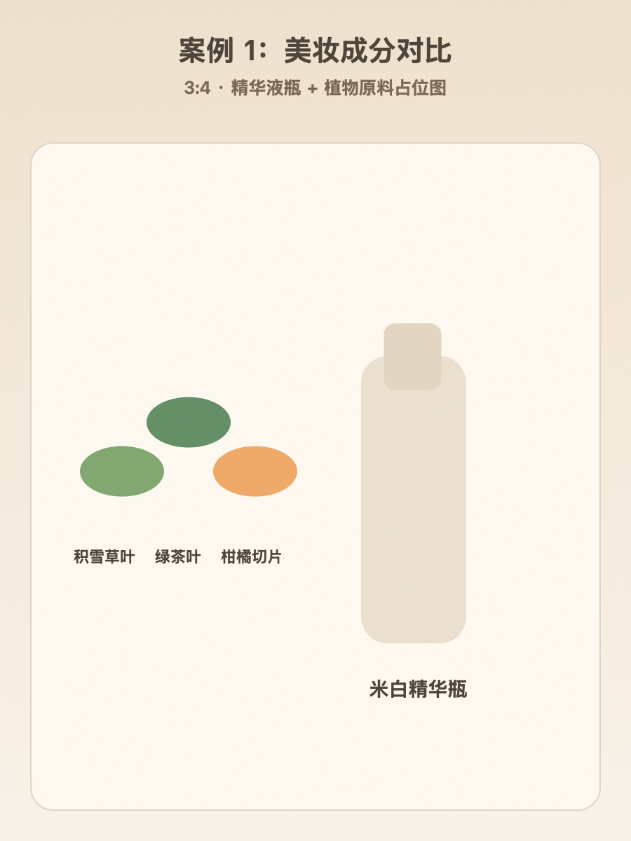 美妆国货新品成分对比示意：浅色台面、米白精华液瓶、左侧散落新鲜植物原料、自然窗光