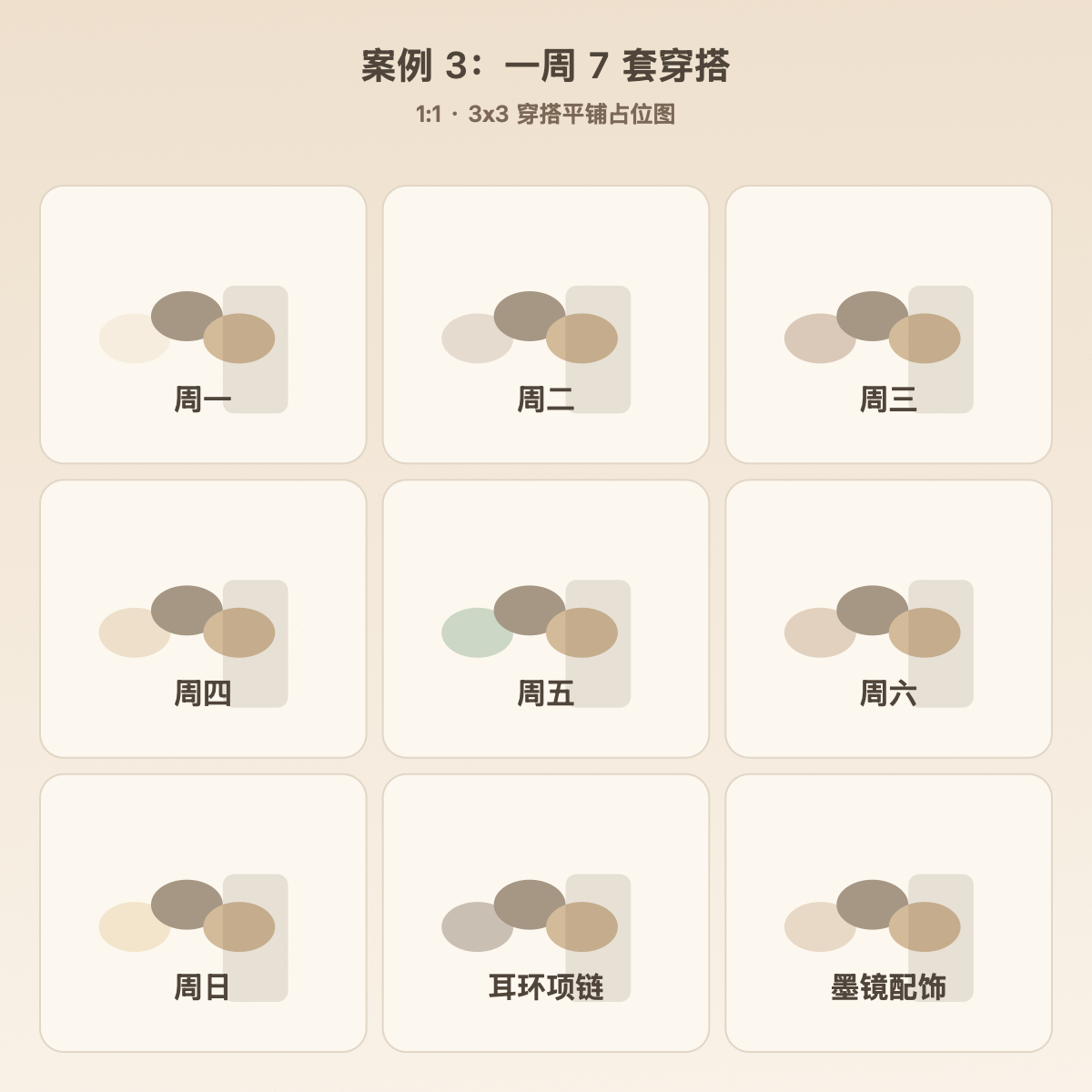 一周 7 套穿搭九宫格示意：浅色木地板、平铺穿搭、莫兰迪色调、俯角平拍