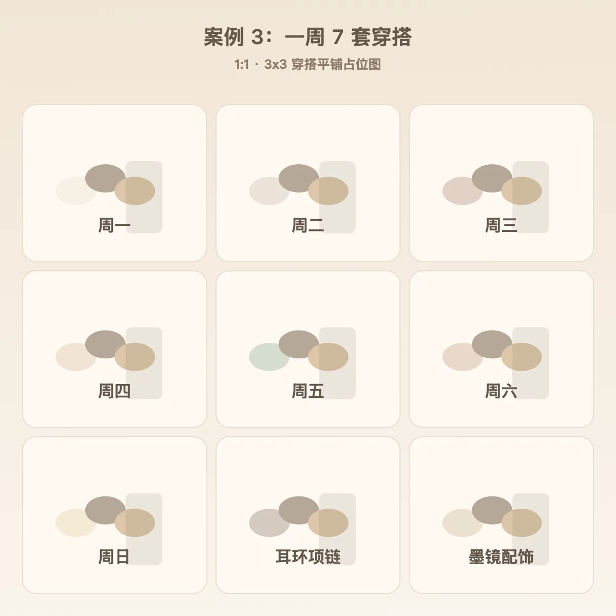 一周 7 套穿搭九宫格示意：浅色木地板、平铺穿搭、莫兰迪色调、俯角平拍