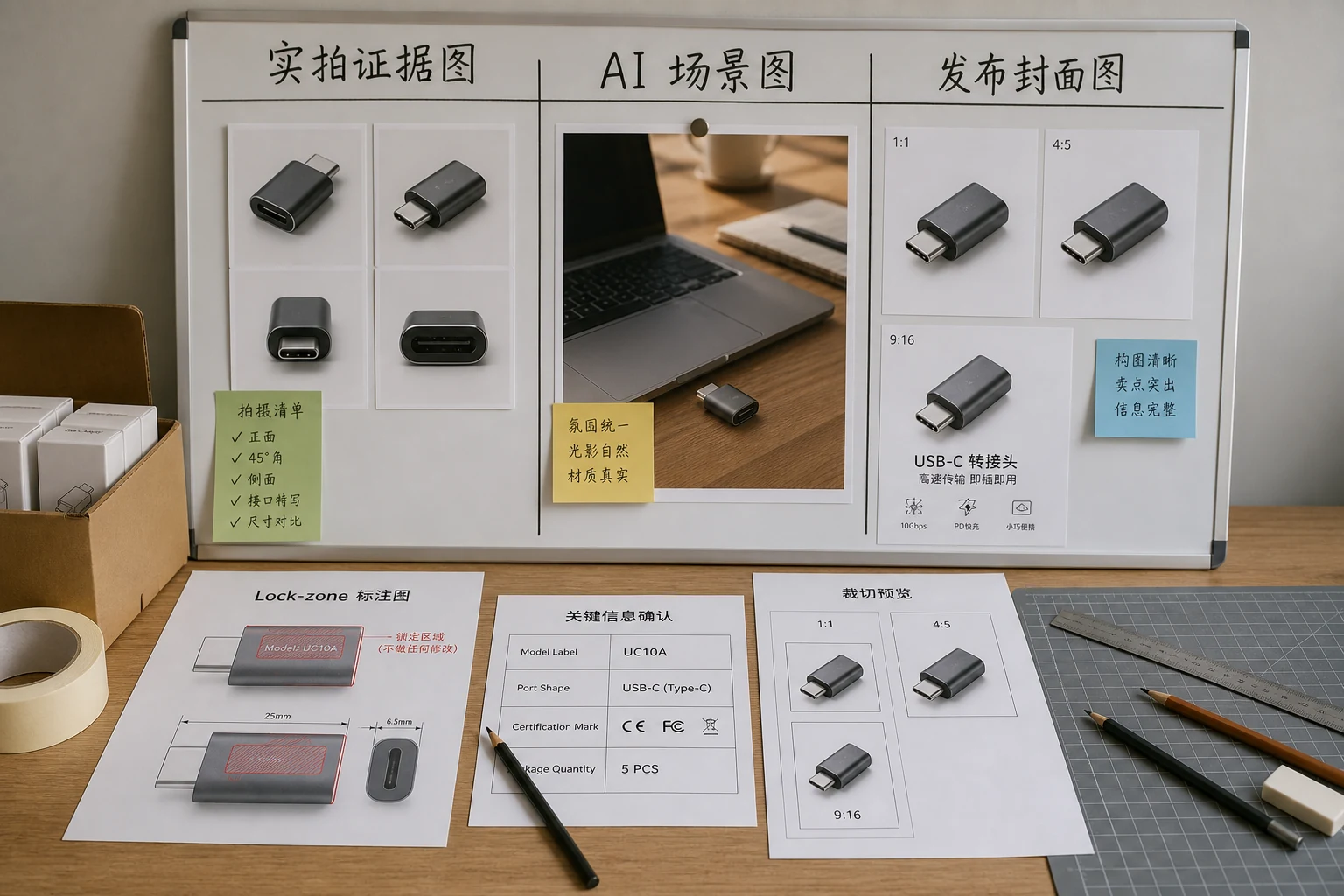 电商商品图三层交付工作台，白板上分出实拍证据图、AI 场景图和发布封面图