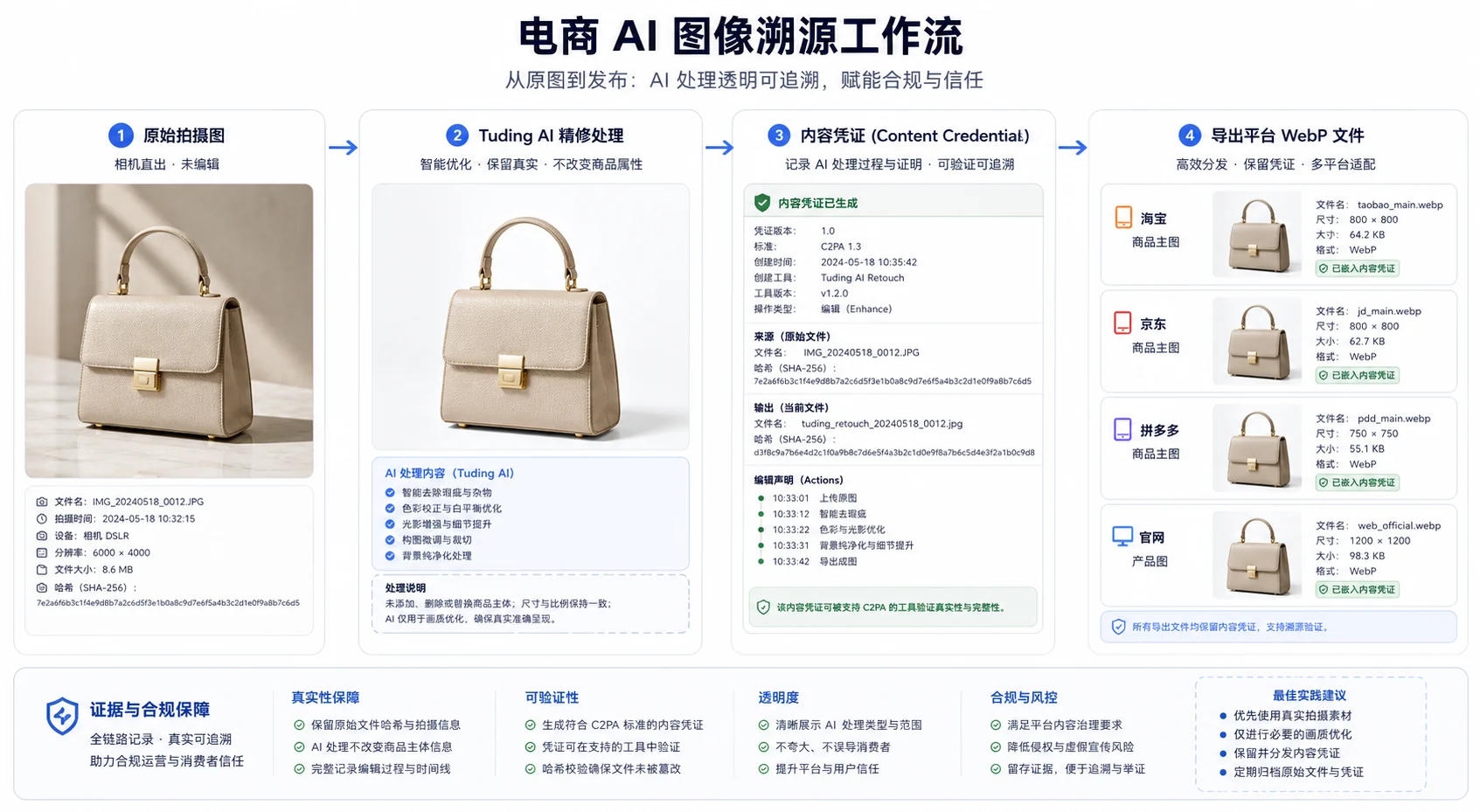 商品图来源链路示意，包含原始实拍、图叮 AI 修图、Content Credentials 和平台导出图