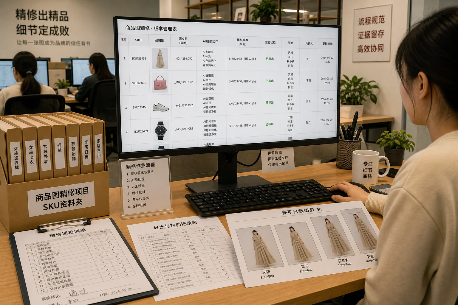 电商修图工作台展示证据底片、AI 修图记录和多平台规格图导出