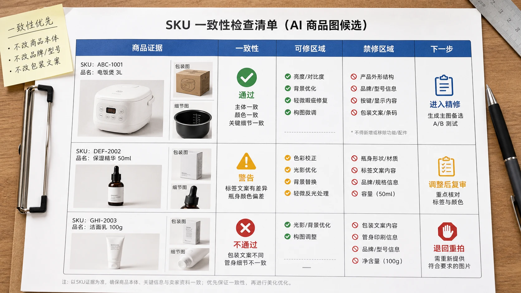 AI 候选稿 SKU 一致性 review 表，分为商品证据、一致性、可修区域和下一步