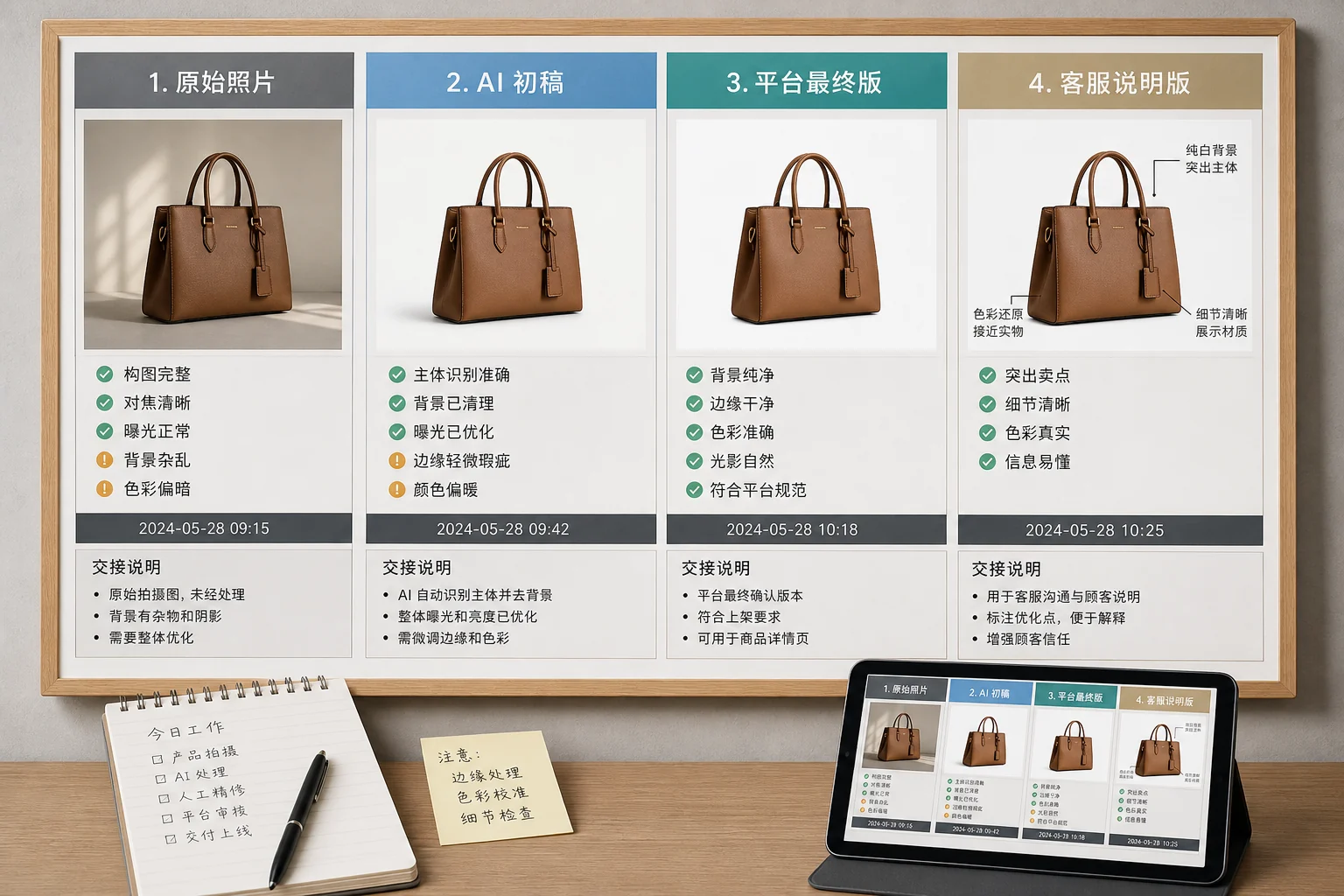 商品图版本凭证板展示原图、AI初稿、上线版和客服解释版四个阶段