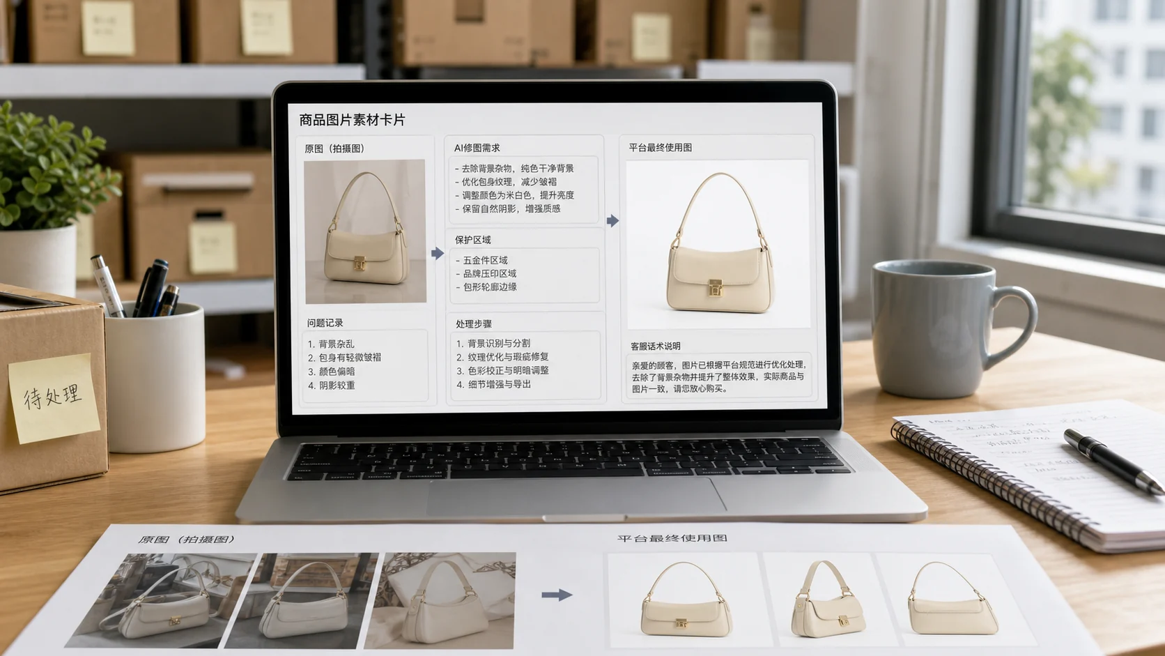 图叮商品图来源说明卡工作台，包含原图、修图步骤、上线版和客服说明字段