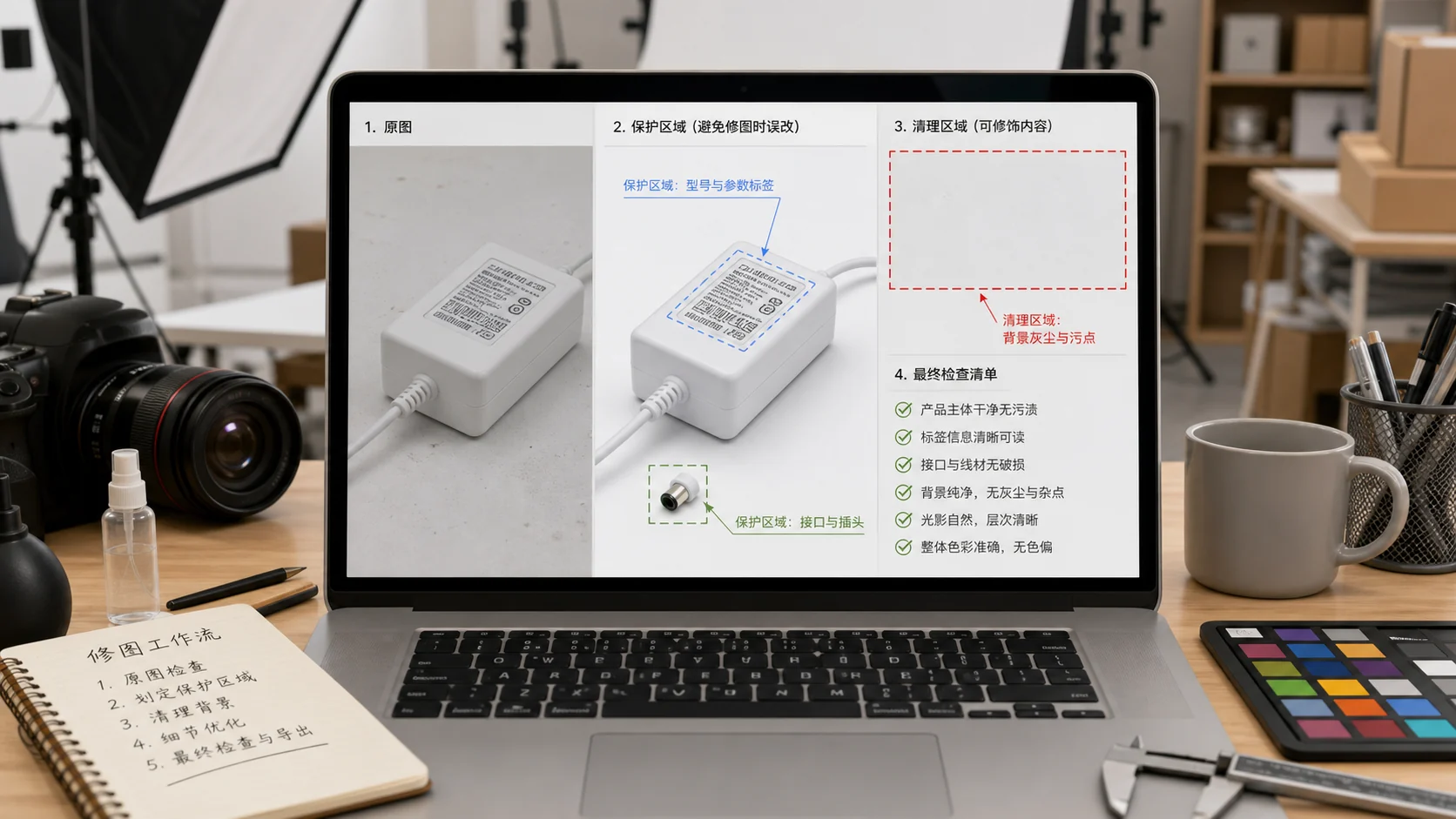 商品图 AI 修图证据优先工作台，原图、禁改区、可清理区和修后回看并排展示