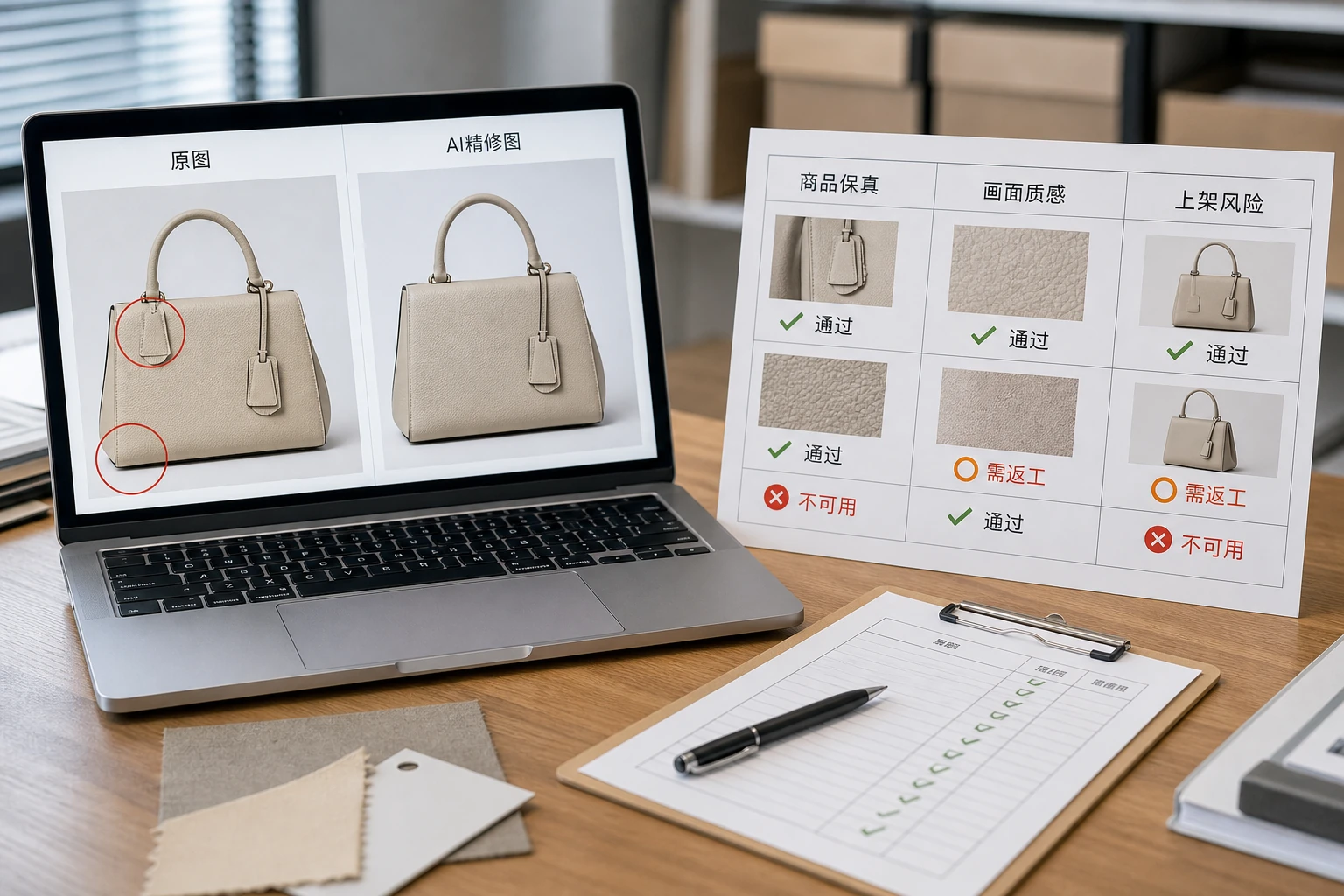 AI 修图复核三档评分表，包含商品保真、画面质感和上架风险