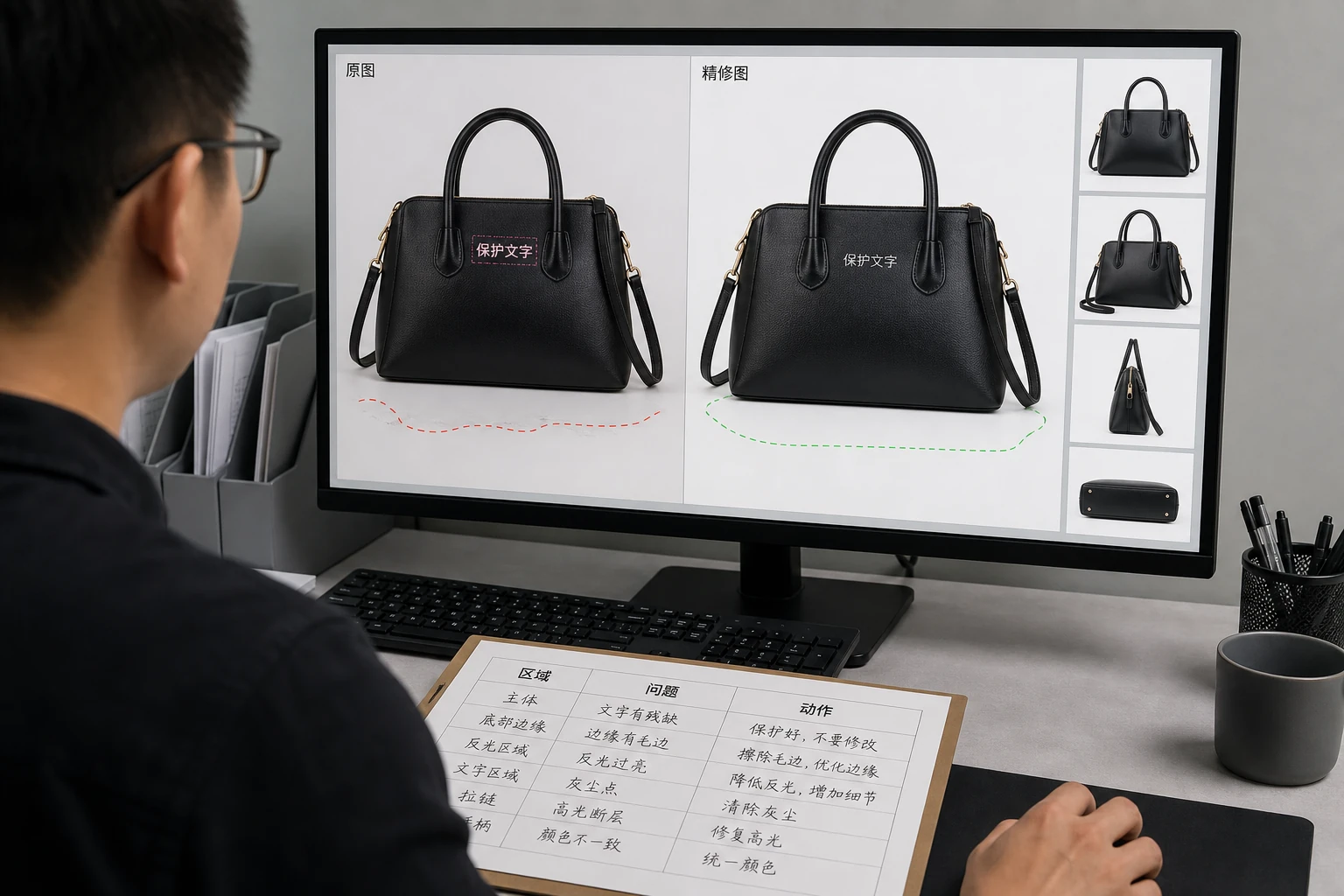 图叮 AI 修图复核操作路径，从原图对照到批量抽检