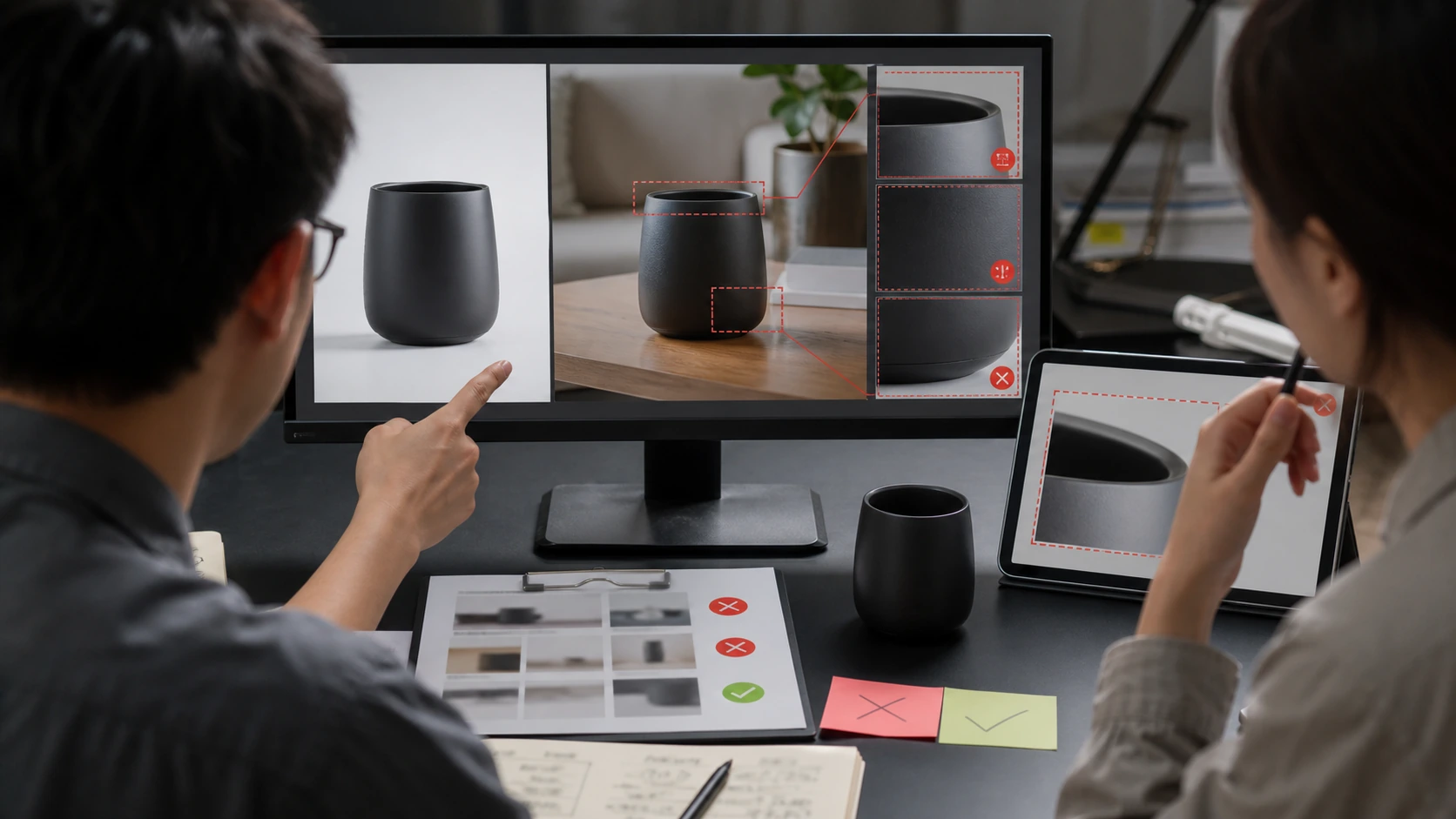AI 商品场景图返检工作台展示白底原图、生成场景图、局部放大和退回标记