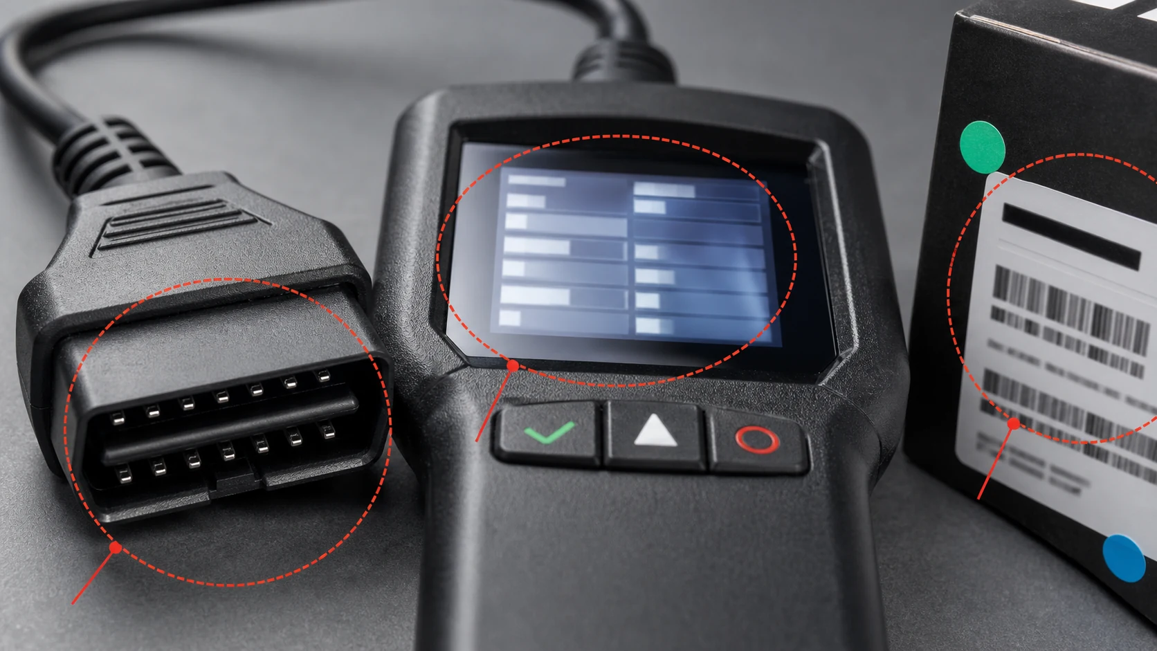 OBD 诊断仪接口针孔屏幕和包装标签的局部返检特写