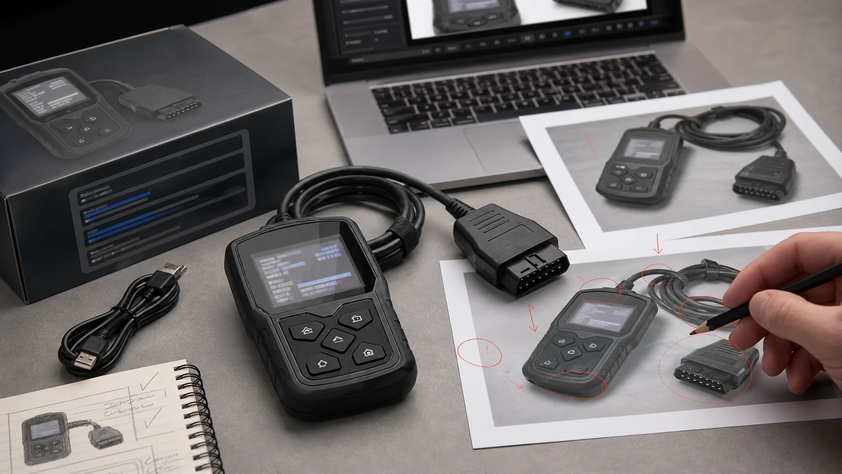 OBD 诊断仪返检工作台展示16针接口屏幕故障码协议标签和线材配件