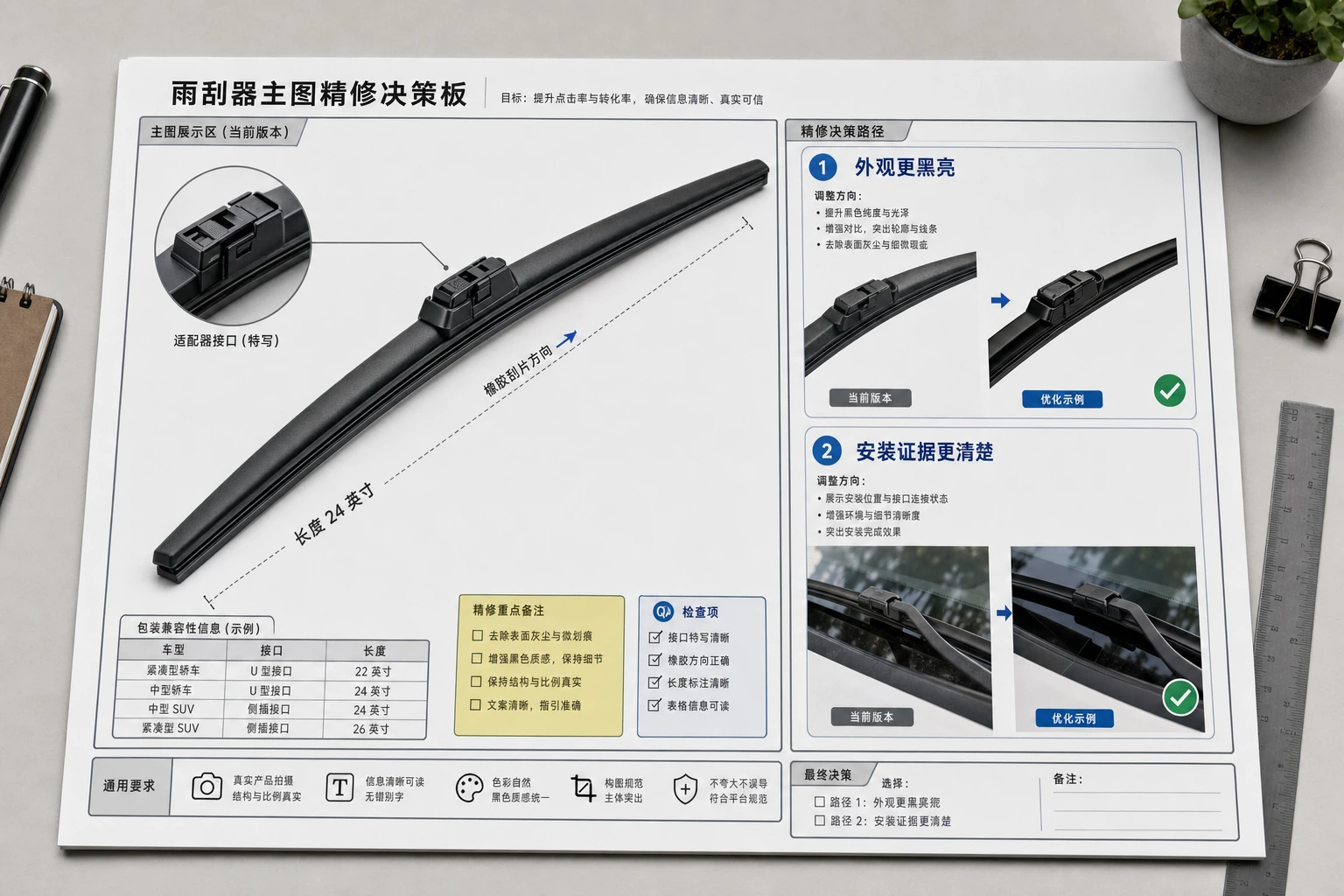 雨刷器商品图修图取舍板展示黑亮外观和安装证据两条路径