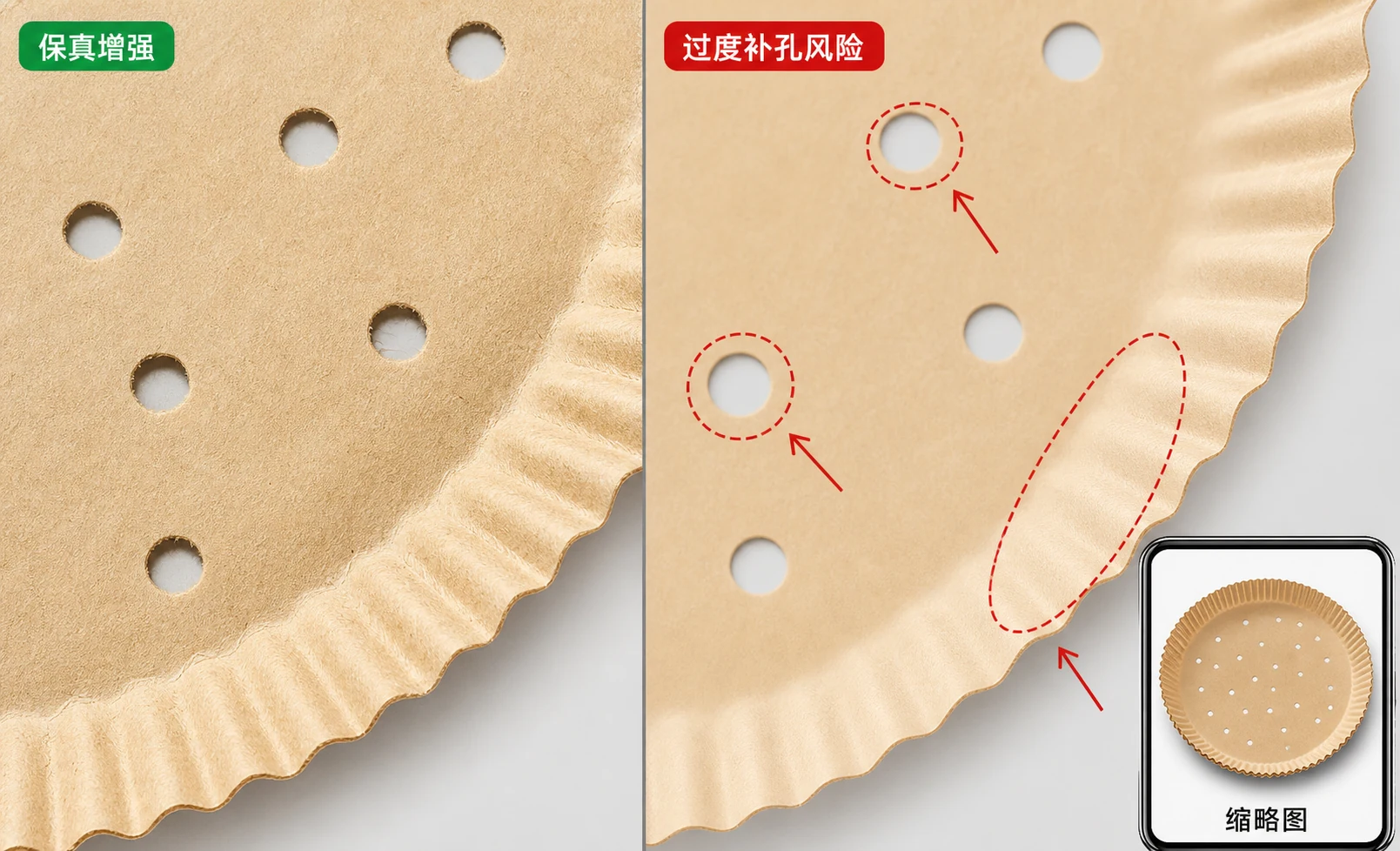 空气炸锅纸垫孔洞和纸边局部对比，左侧保留真实孔边，右侧标出过度补孔风险