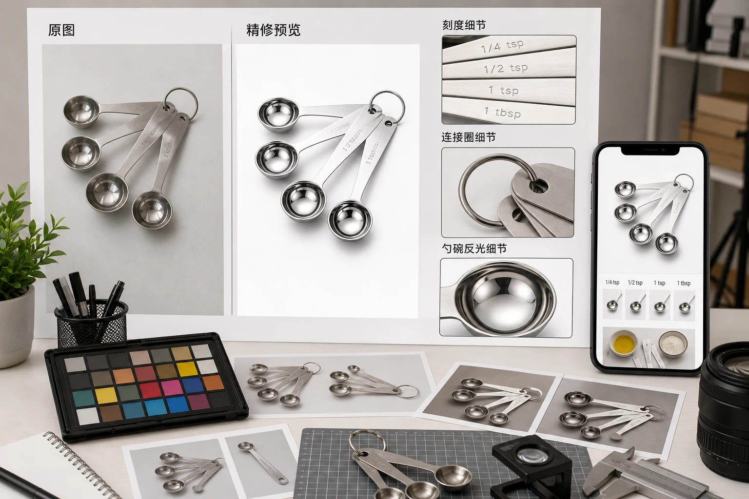 烘焙计量勺商品图返检工作台展示刻度套环勺口反光和手机预览