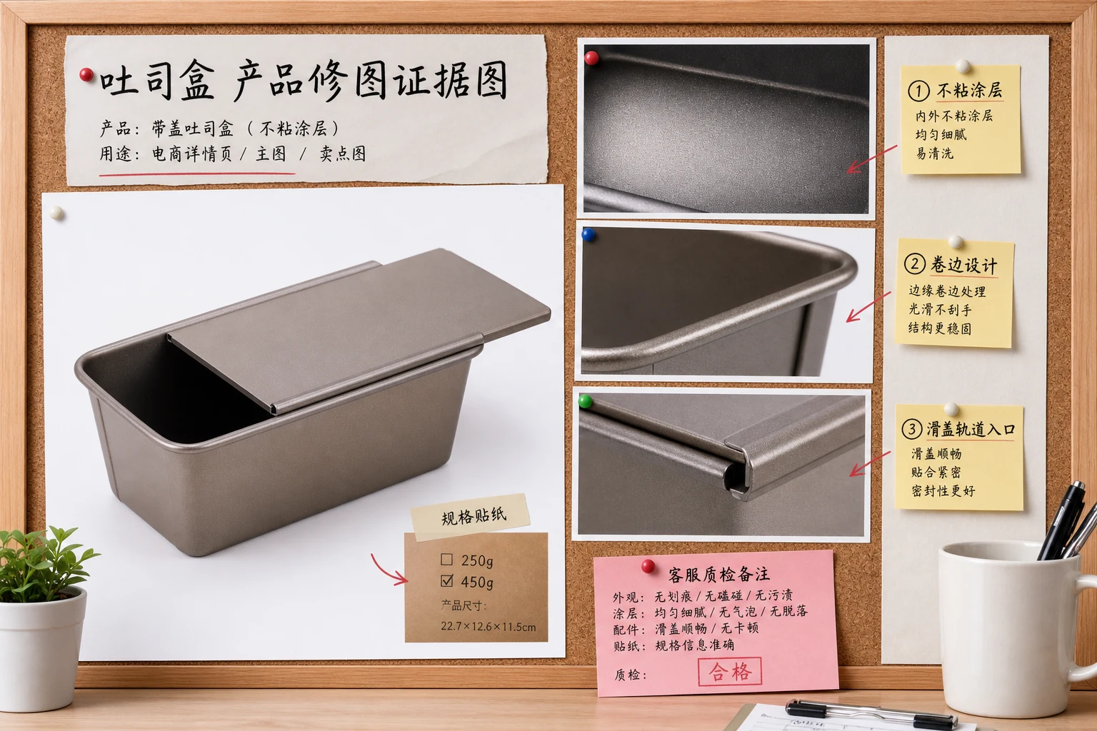 吐司盒商品图证据区总览，标出涂层、卷边、盖轨和规格贴