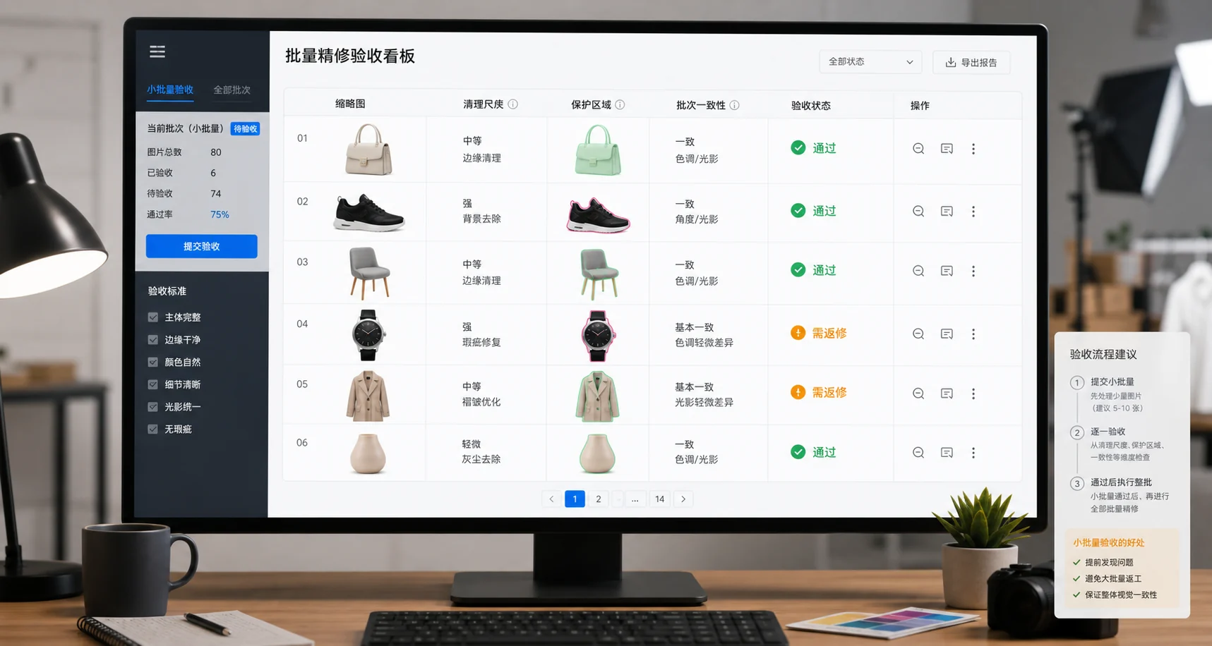 批量商品图首批输出验收表，检查清理尺度、禁改区和批量一致性