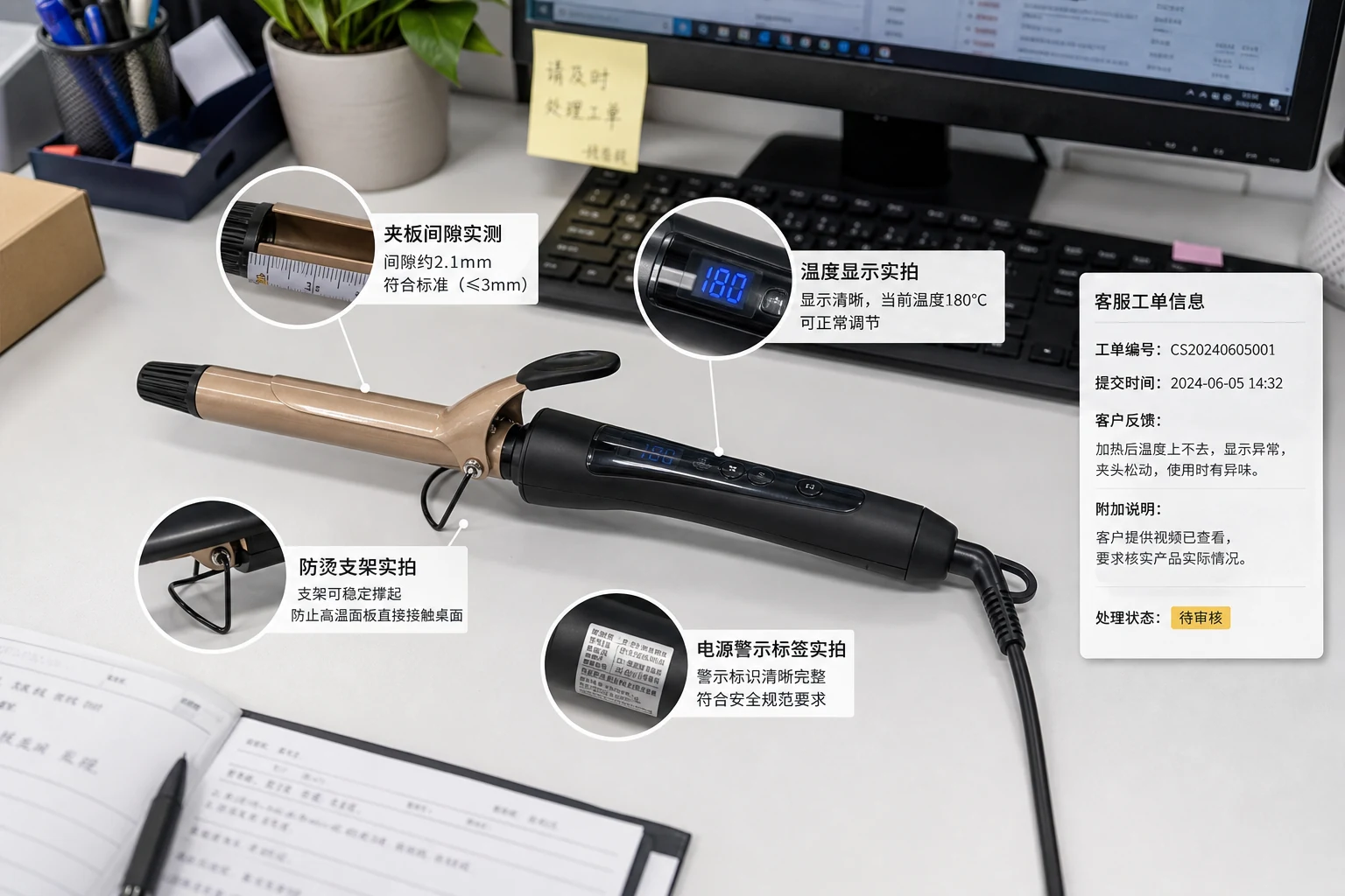 卷发棒商品图客服复核工作台展示温控屏夹板缝防烫支架和警示贴