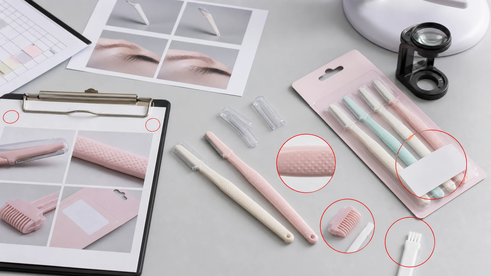 修眉刀商品图返检工作台展示刀片保护套防滑柄纹眉梳配件和型号贴