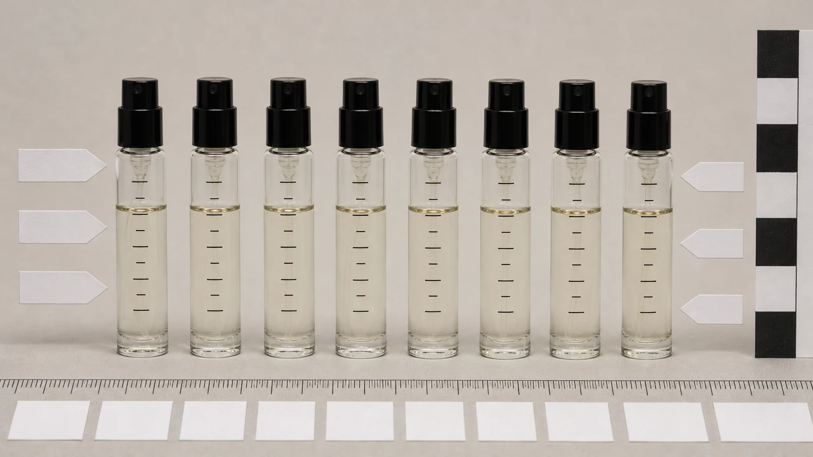 香水小样容量刻度液面高度和瓶底厚度同框标注用于检查规格是否被误修