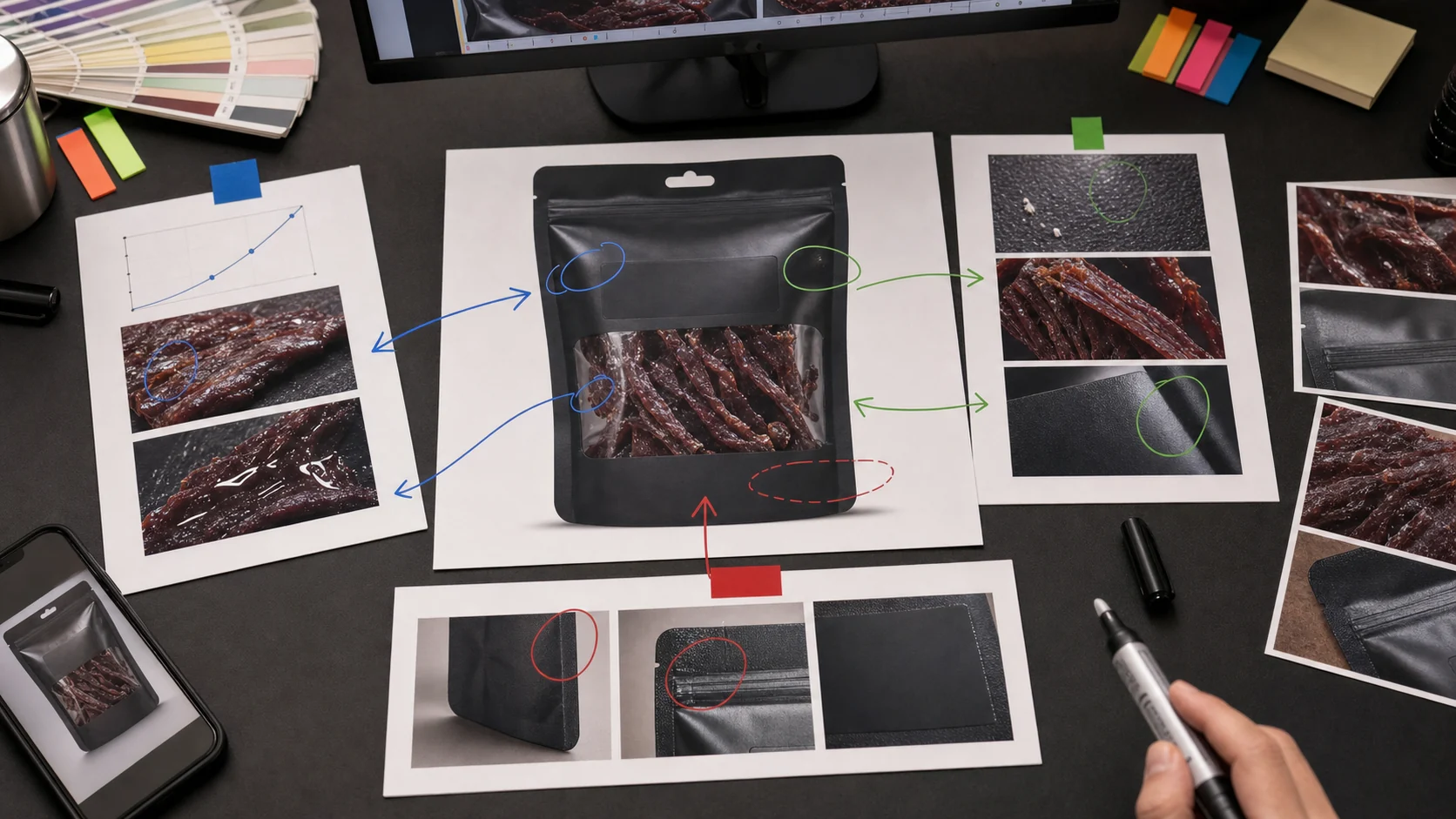 牛肉干袋装图三路径返检工作台展示油光纤维封口和净含量标签