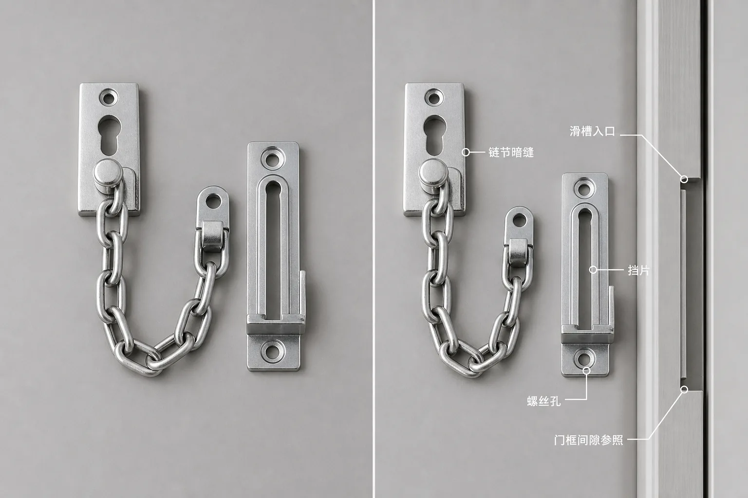 防盗门链商品图修图路线对比，左侧展示金属提亮，右侧标出链节、滑槽和螺丝孔证据
