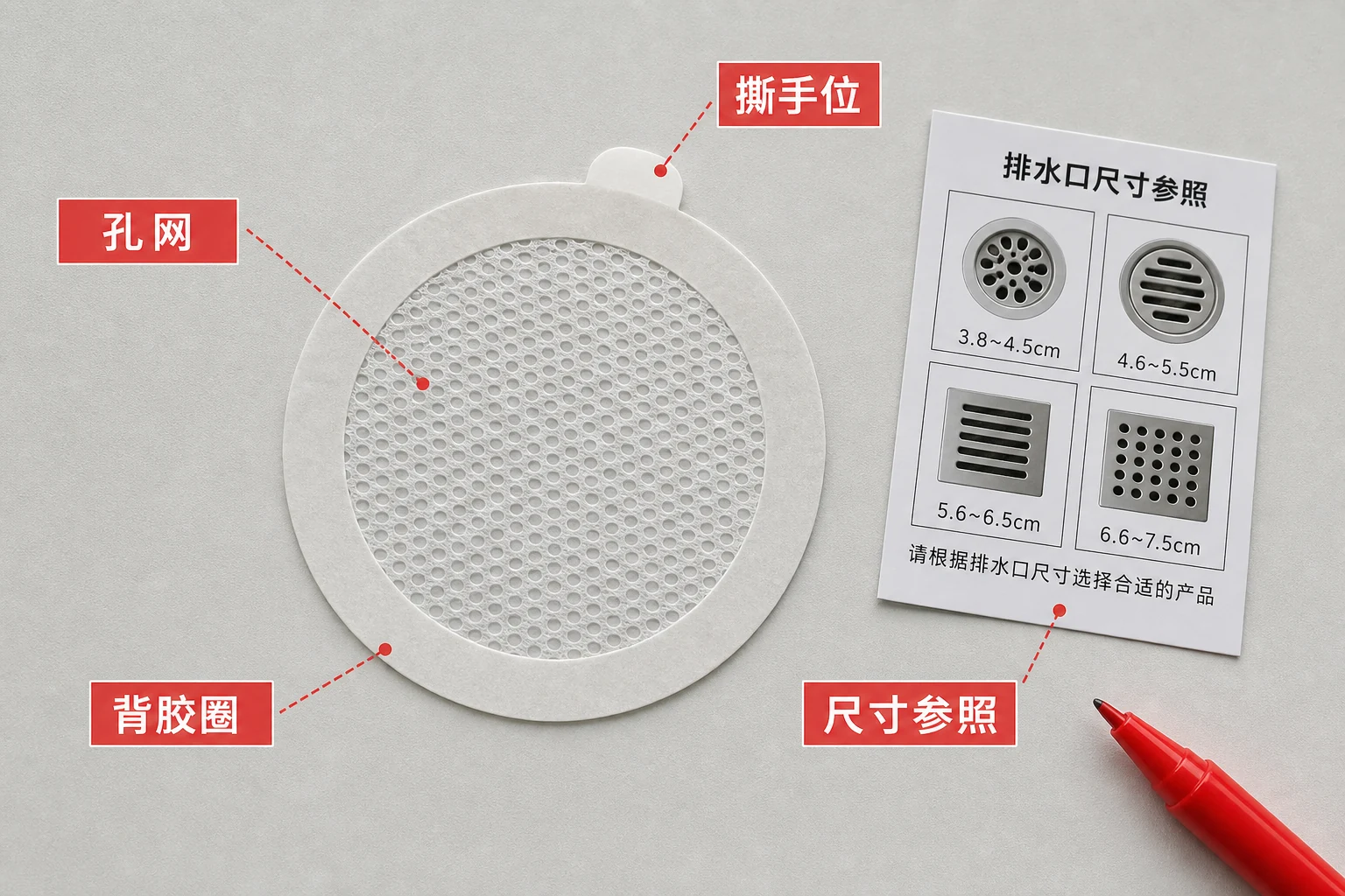 浴室地漏毛发过滤贴外包标注工作台，展示孔网、背胶圈、撕手位和尺寸参照