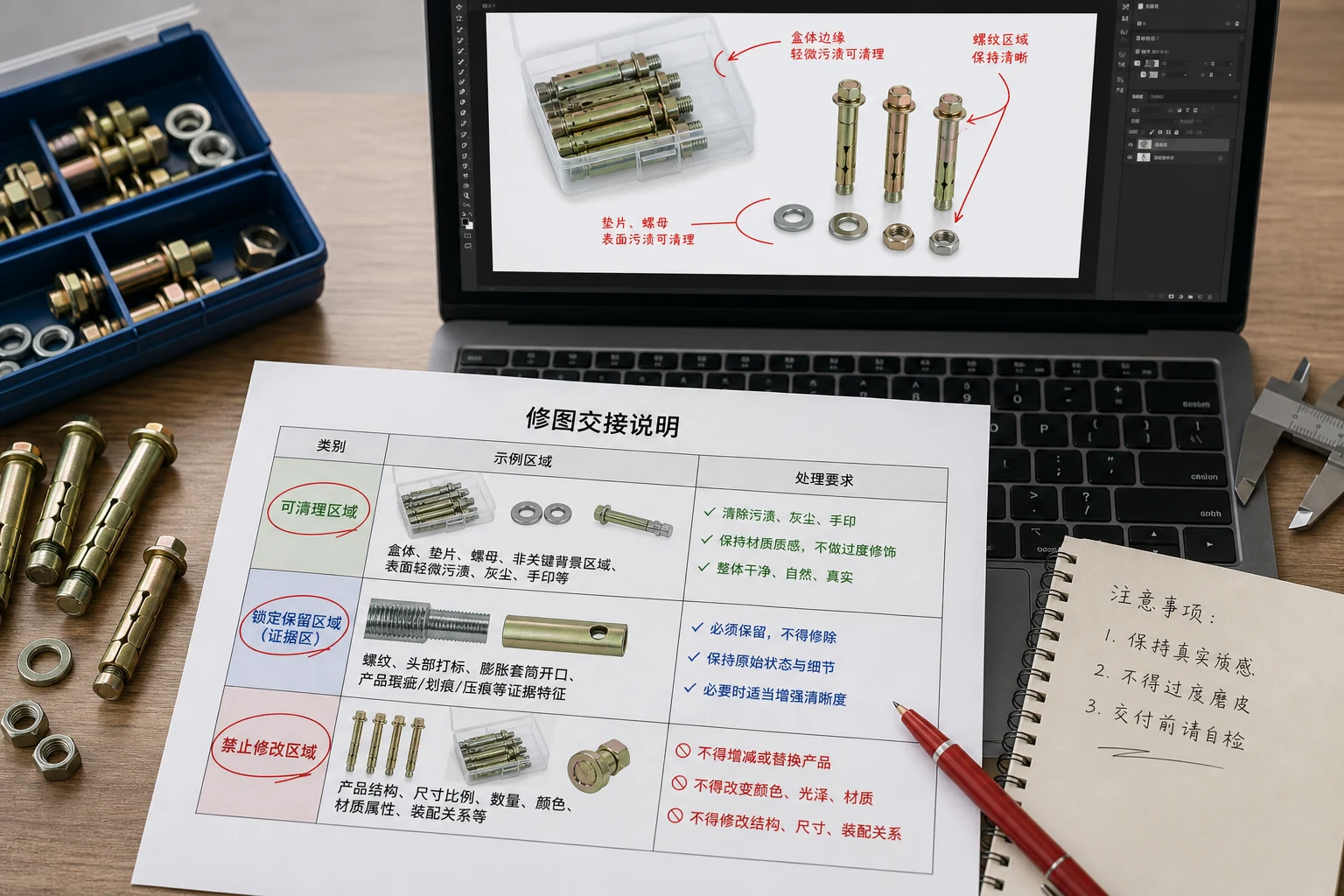 膨胀螺栓商品图修图交接单写着可清理区域、锁定区域和禁止动作