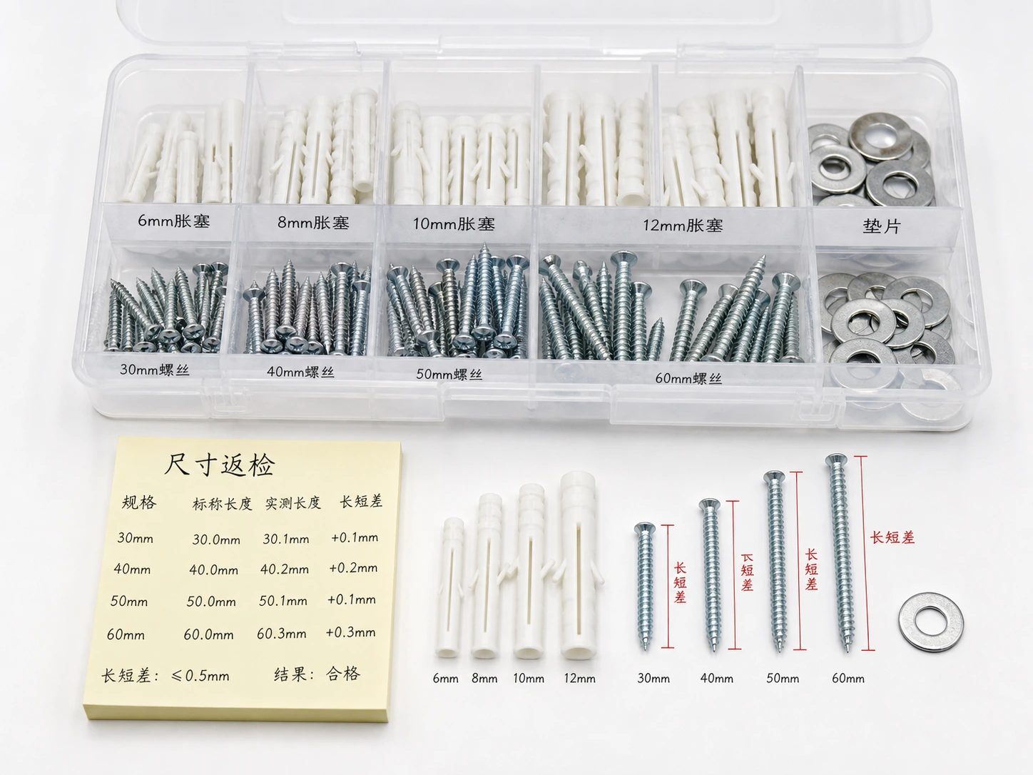 膨胀管螺丝包按胀塞尺寸、螺丝和垫片分组的返检工作台