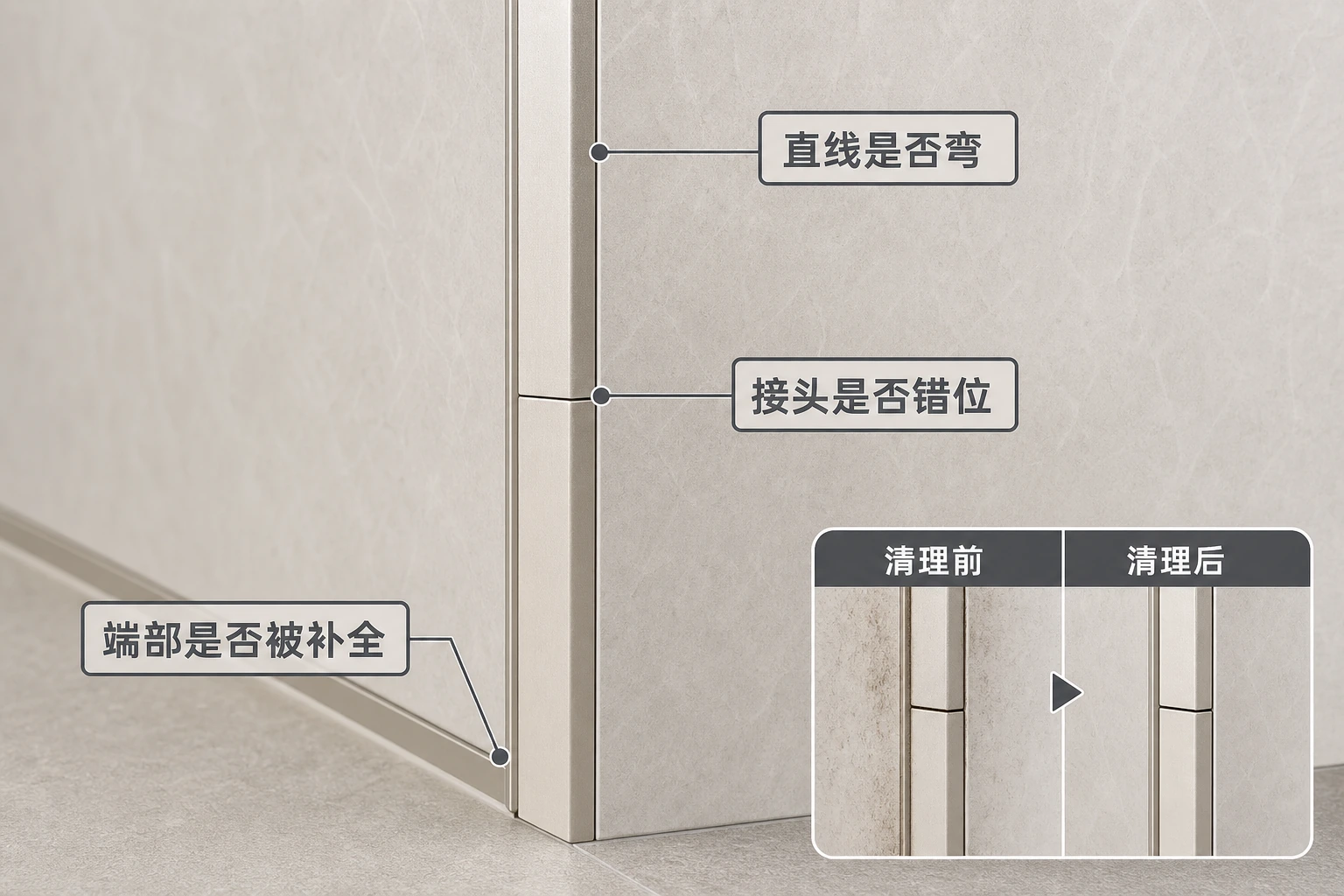 集成墙板收边线技术标注图，显示直线、接头和端部三个检查点