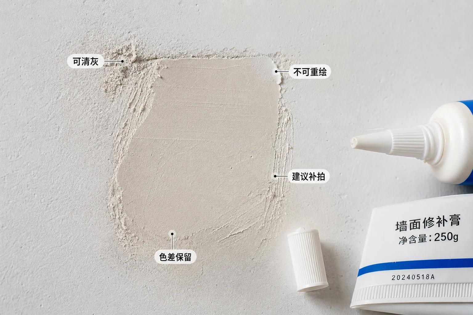 补墙膏膏体厚度、刮痕边缘、墙面色差和包装喷码被分区标注的局部对照图