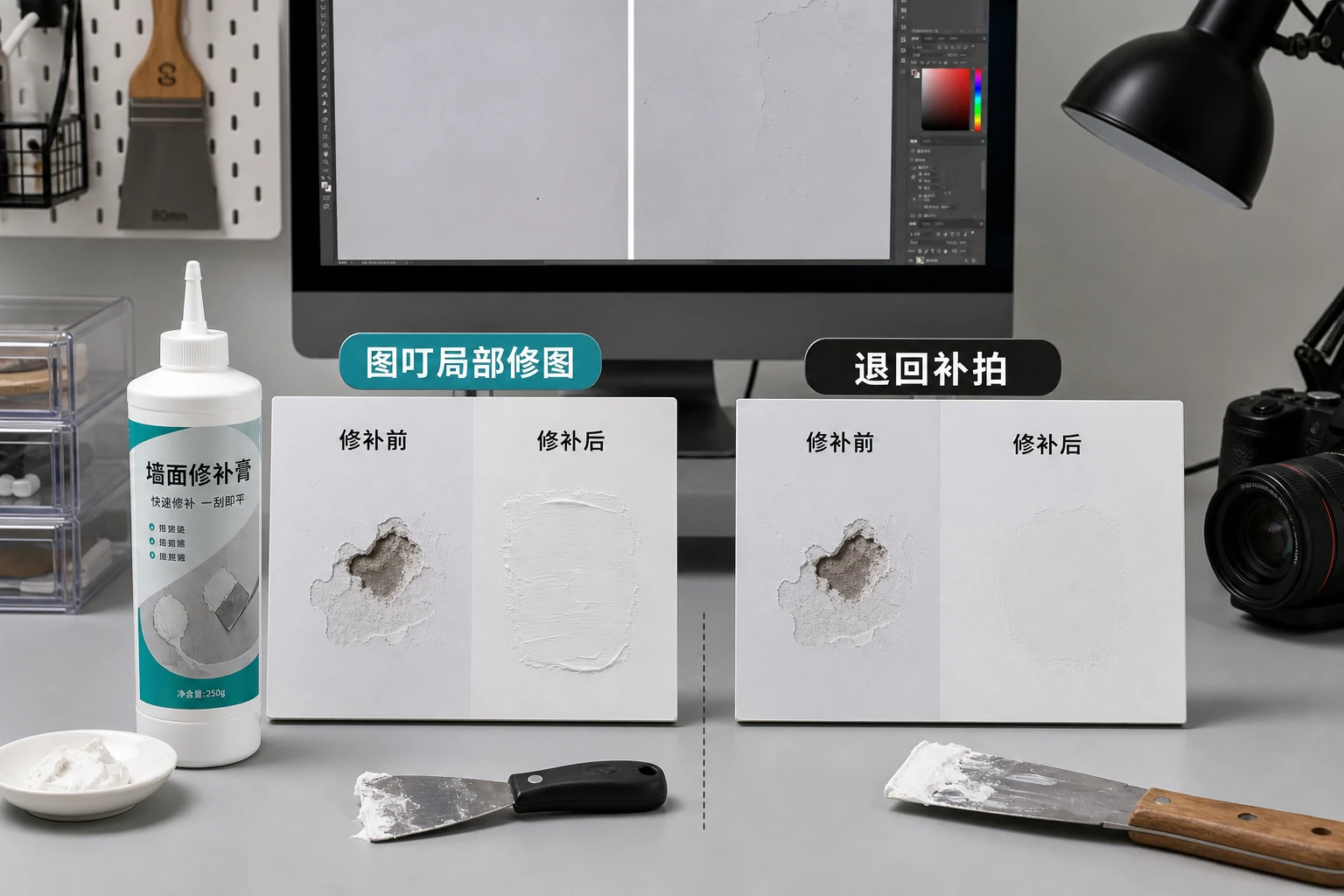 补墙膏商品图工作台上对比图叮局部修图和退回补拍两条工作流