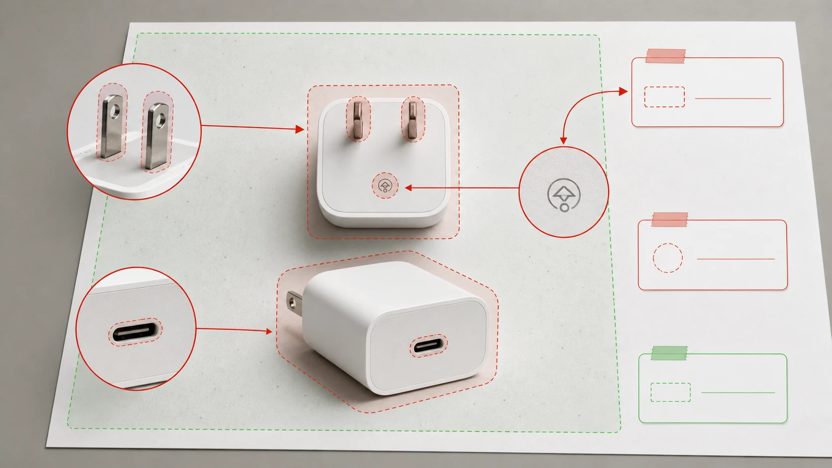 充电器商品图证据分区展示插脚、认证标、USB-C 接口和可清洁白底
