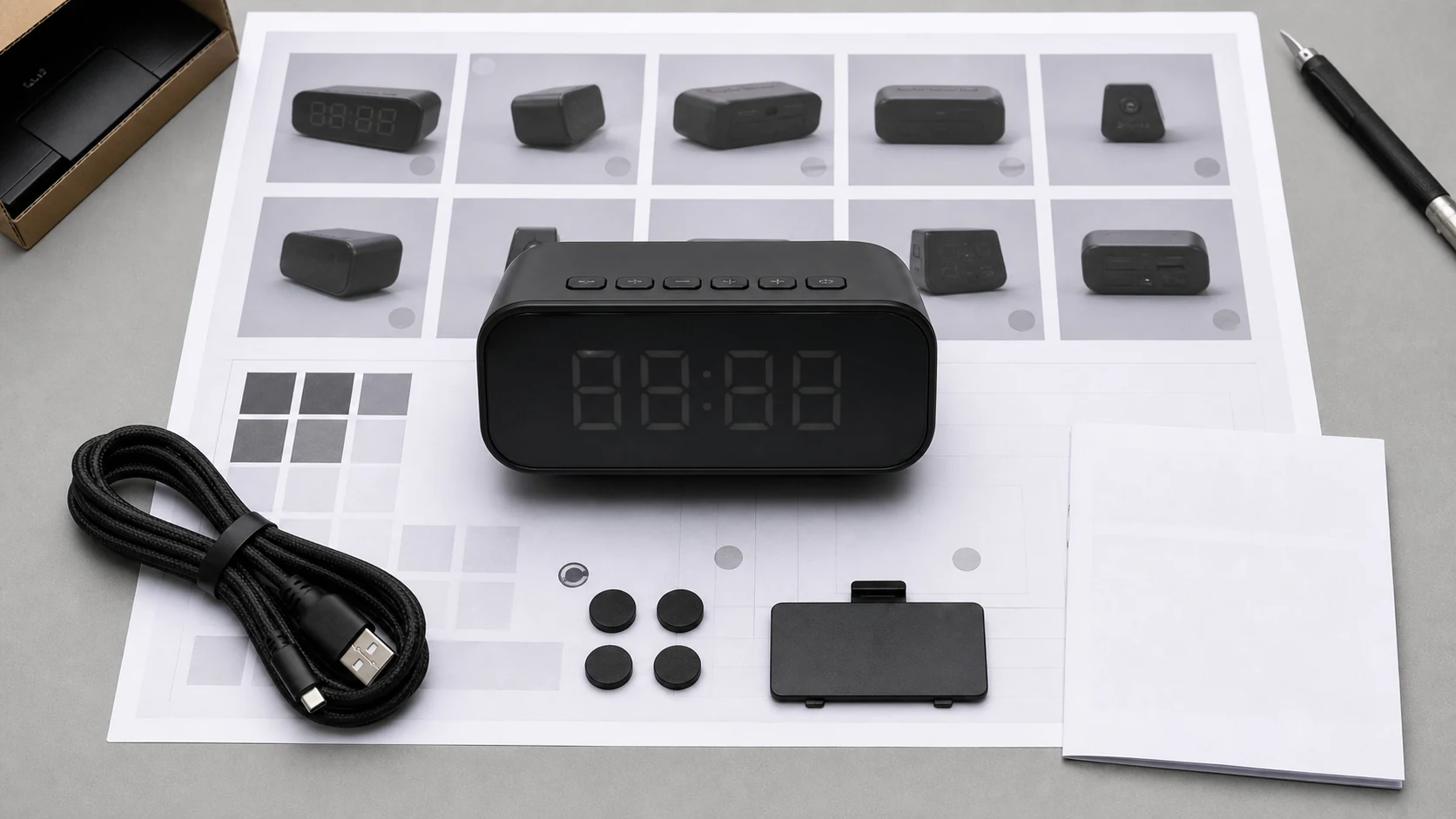 数字闹钟套装返检工作台，展示主机、USB 线、脚垫、说明纸和配件关系