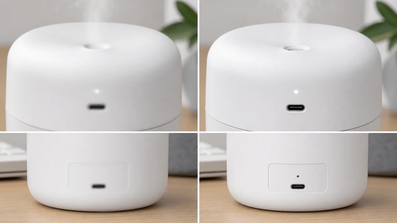 桌面加湿器雾化口指示灯和 Type-C 口的正确与错误修图对比