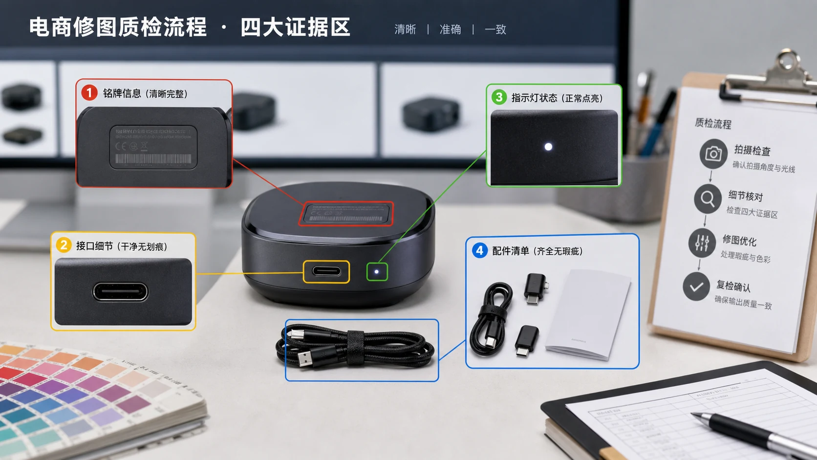 家电3C商品图四层证据链质检板，标出铭牌、接口、状态灯和配件清单