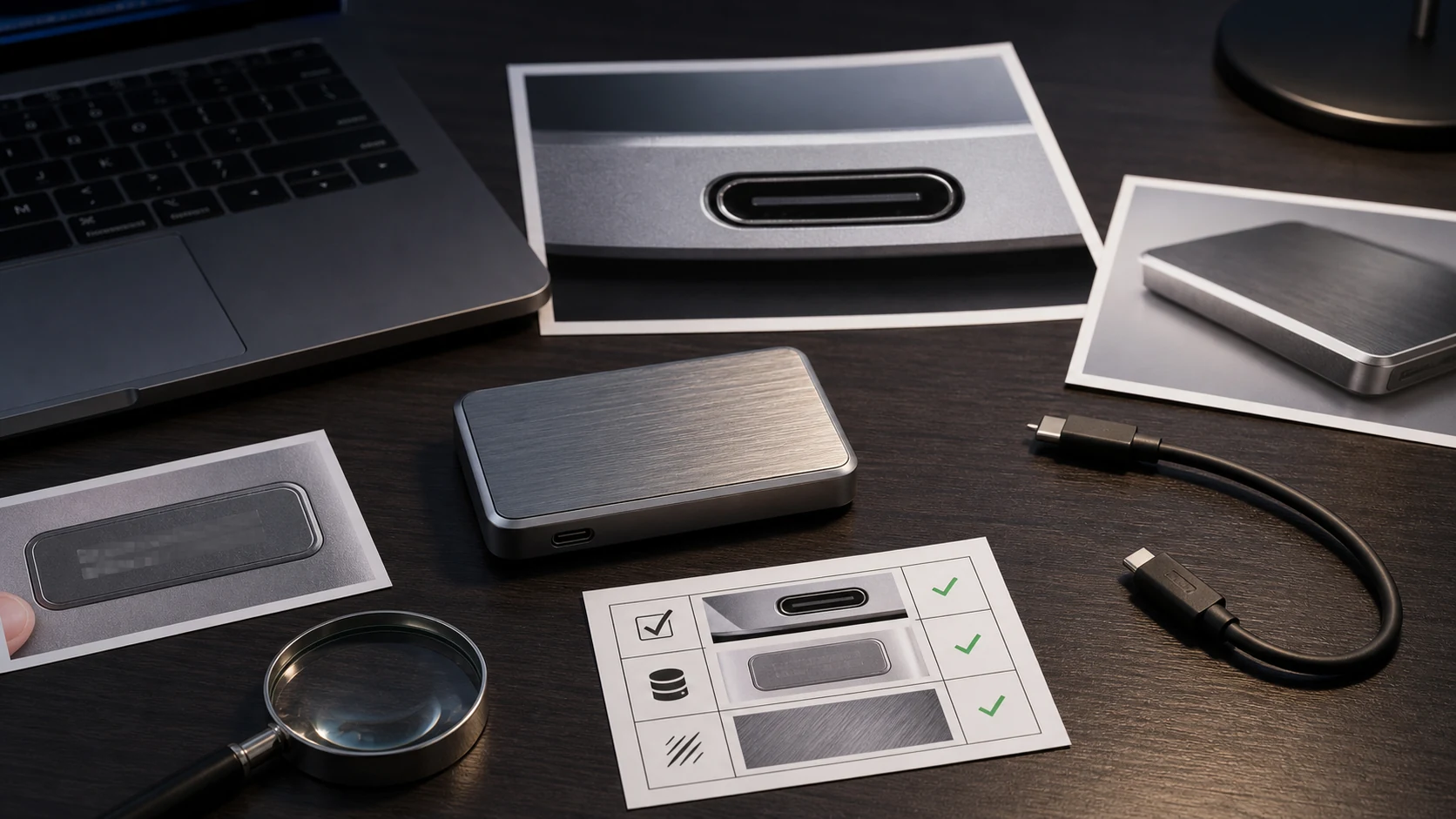 便携 SSD 商品图返检工作台，主图旁边放着接口特写和容量标签检查卡