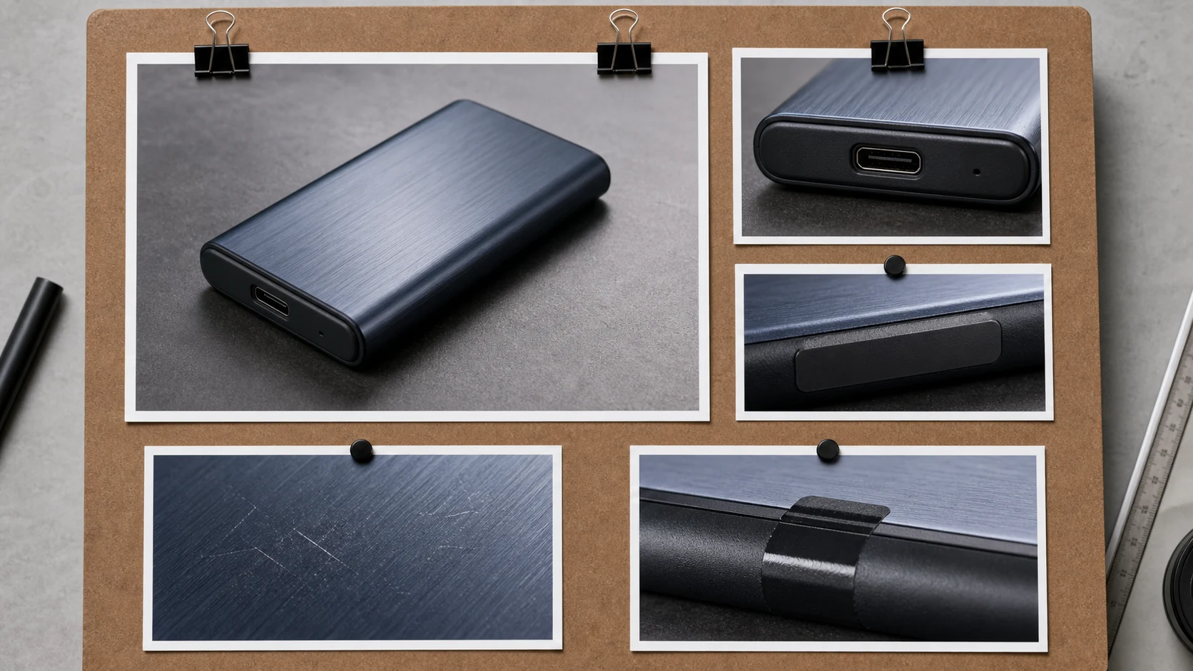 便携 SSD 详情页检查板，分区标出外壳划痕、USB-C 接口、容量标签和防拆贴